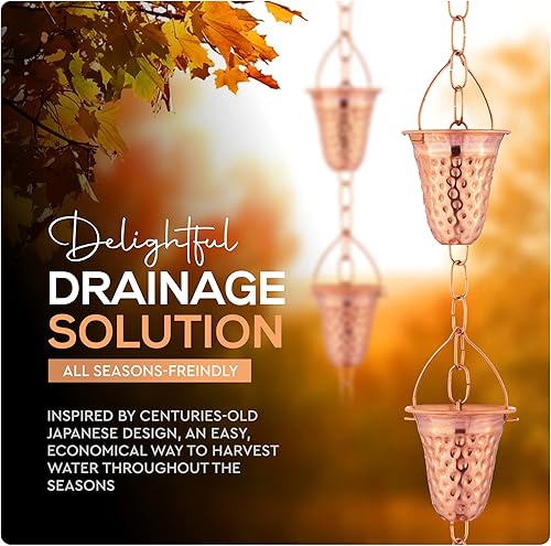 Miniatura 2 de Marrgon Cadena de lluvia martillada de cobre  Campanas decorativas y tazas reemplazan el bajante del canalón y desvían el agua lejos del hogar para