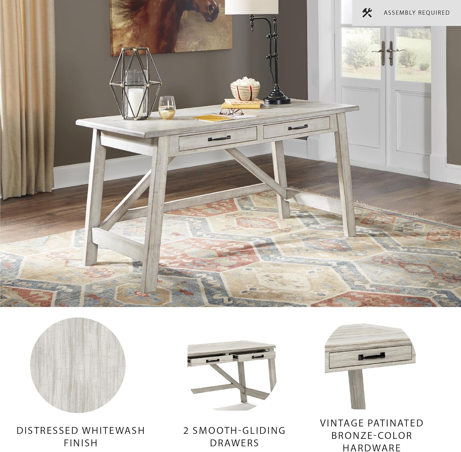 Signature Design by Ashley Carynhurst Farmhouse 60" Home Office Desk with Drawers, Distressed White Whitewash image 4 of 7 B084ZQZJ68