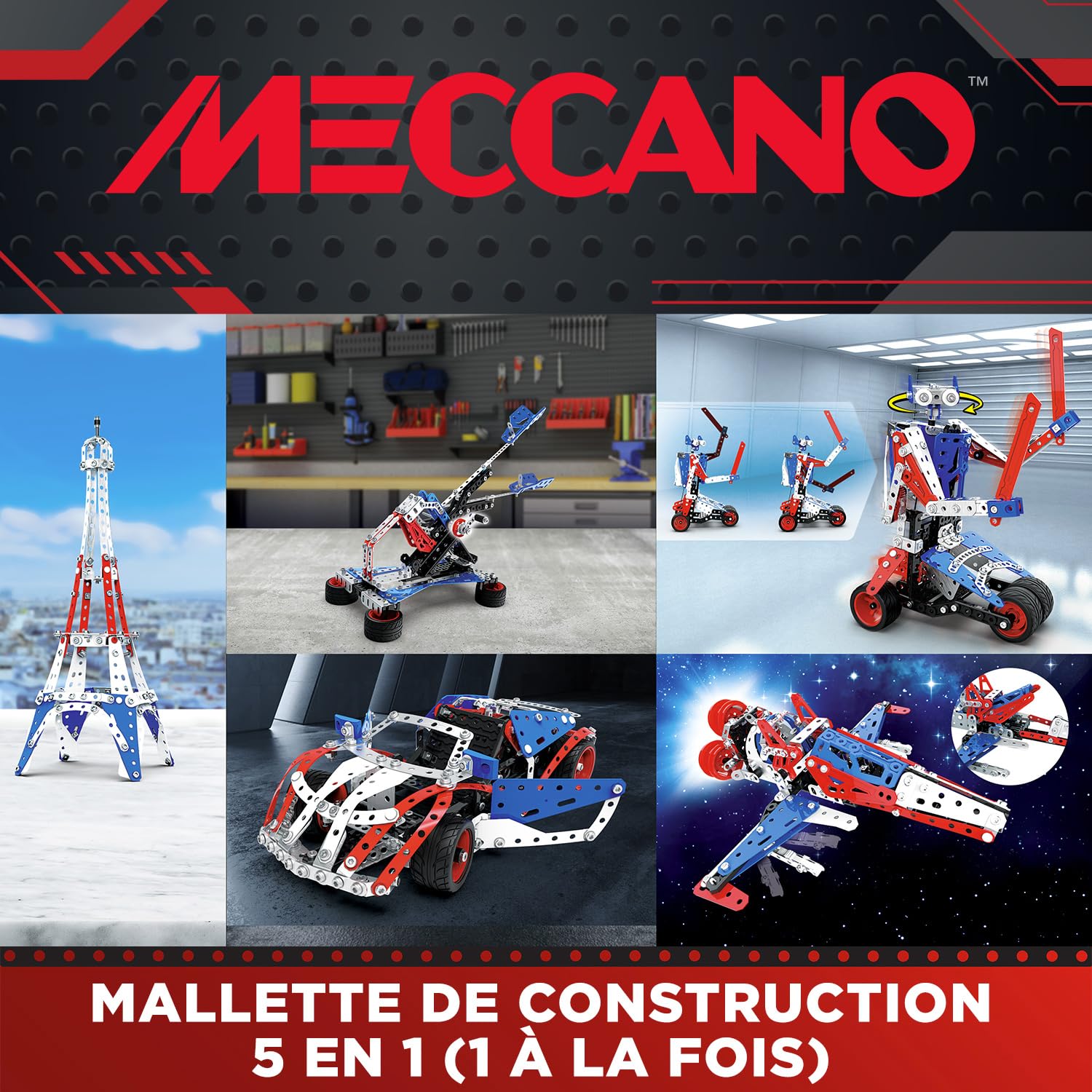 BANDAI - Meccano Baukoffer - Konstruktionsset 5-in-1 Fahrzeuge, Roboter, Eiffelturm - 437 Teile, Werkzeuge, Anleitung - Aktivitäts-Kit - Spielzeug ab 10 Jahren - APM20106