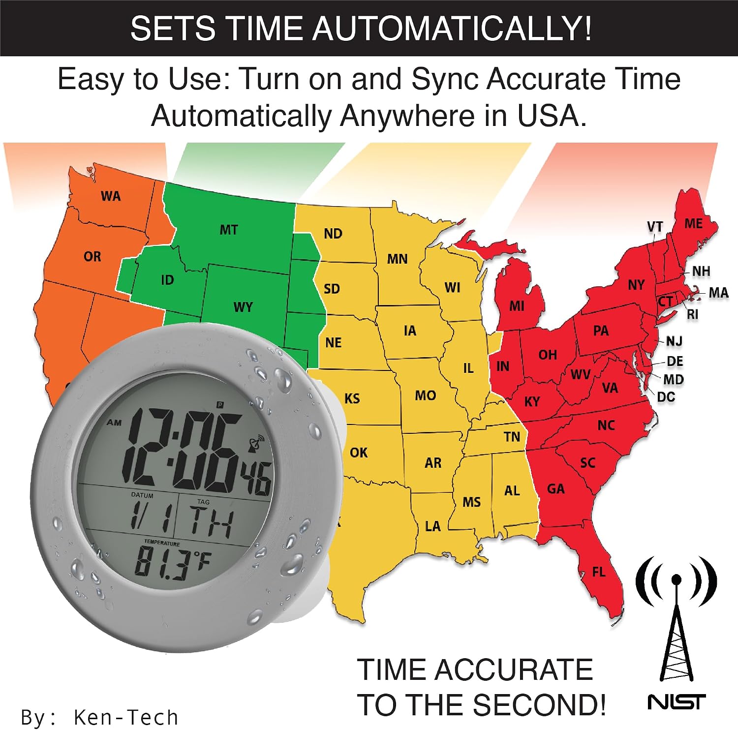Sonnet Shower Clock for Bathroom and Kitchen - Large Digital Display Shows Time, Date, Day of The Week and Temperature. Large Suction Cups, Hanging Hole, and Kick Stand - Atomic Clock