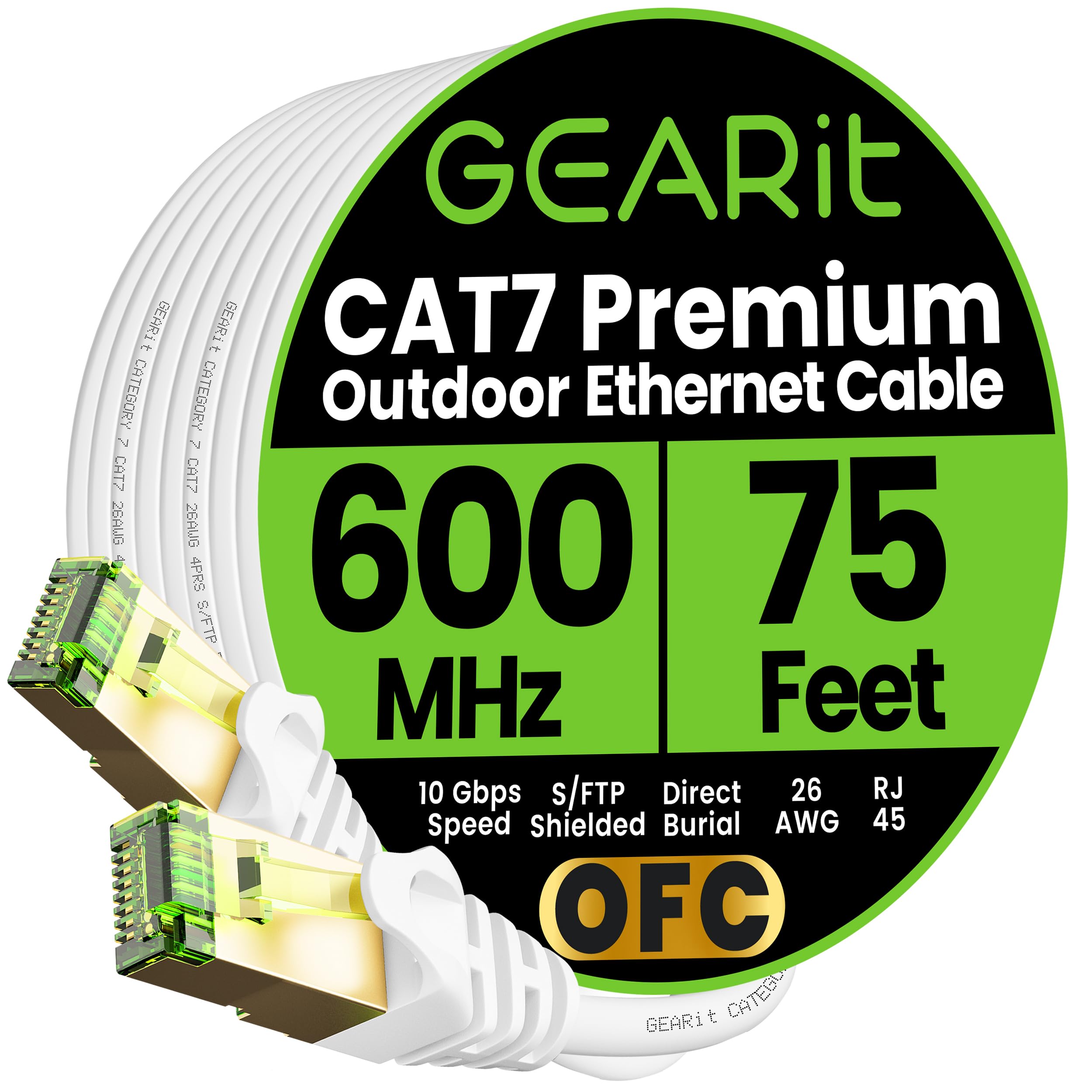 GEARit Câble Ethernet Cat7 Outdoor SFTP Blindé Paire torsadée en cuivre pur LLDPE - Étanche - Enterrement direct dans le sol - Résistant aux UV - POE, réseau, LAN, Internet - Chat de 7 à 75 pieds
