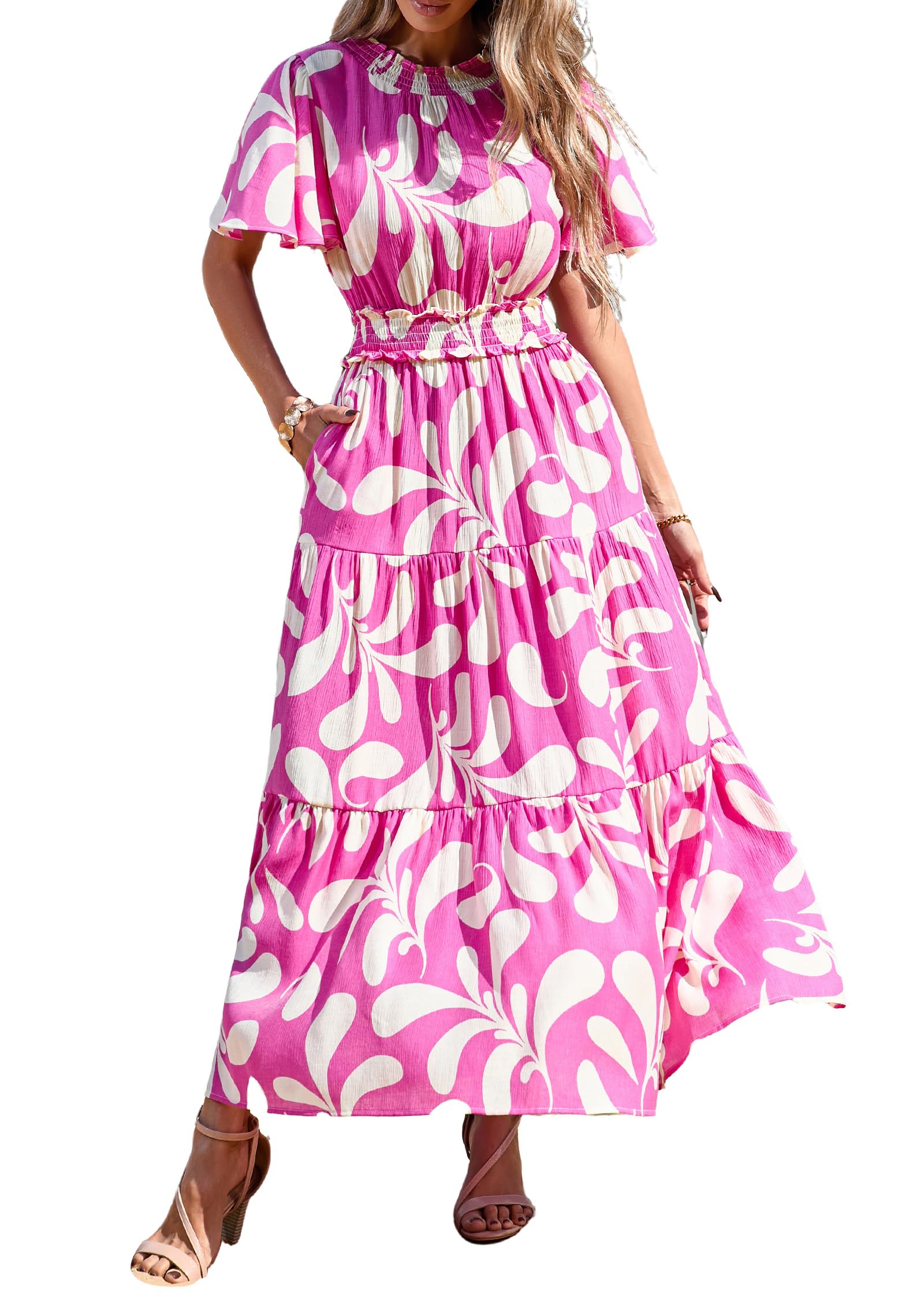 KIRUNDO Floral Maxi Dresses for Women 2026 Spring Summer Wedding Guest Short Sleeve Smocked Waist Flowy Beach Vacation Dress