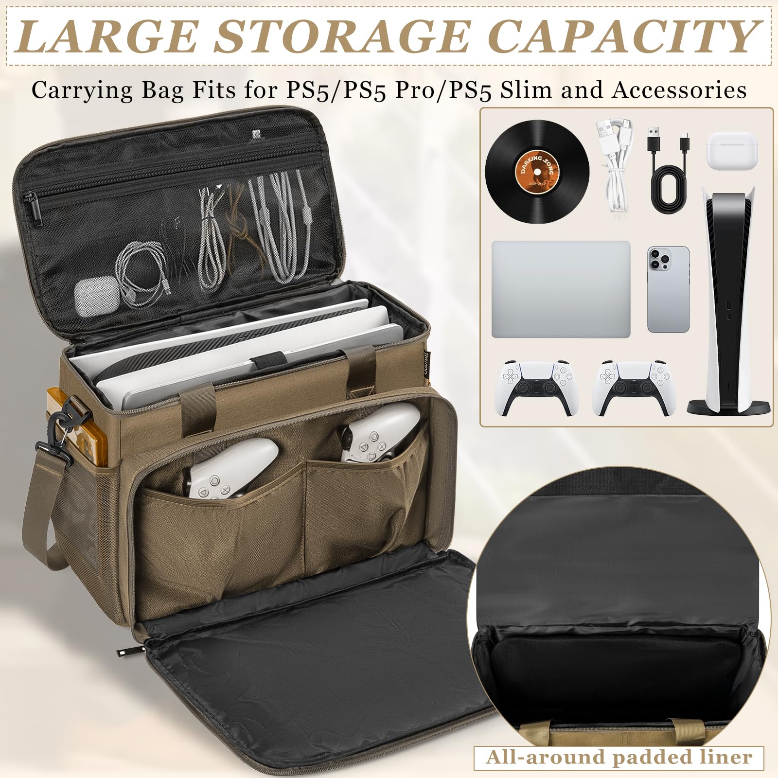 OUUTMEE Borsa tattica da trasporto compatibile con console PS5/PS5 Pro/PS5 Slim, custodia da viaggio con tasche multiple per laptop da 15,6", controller, dischi e altri accessori