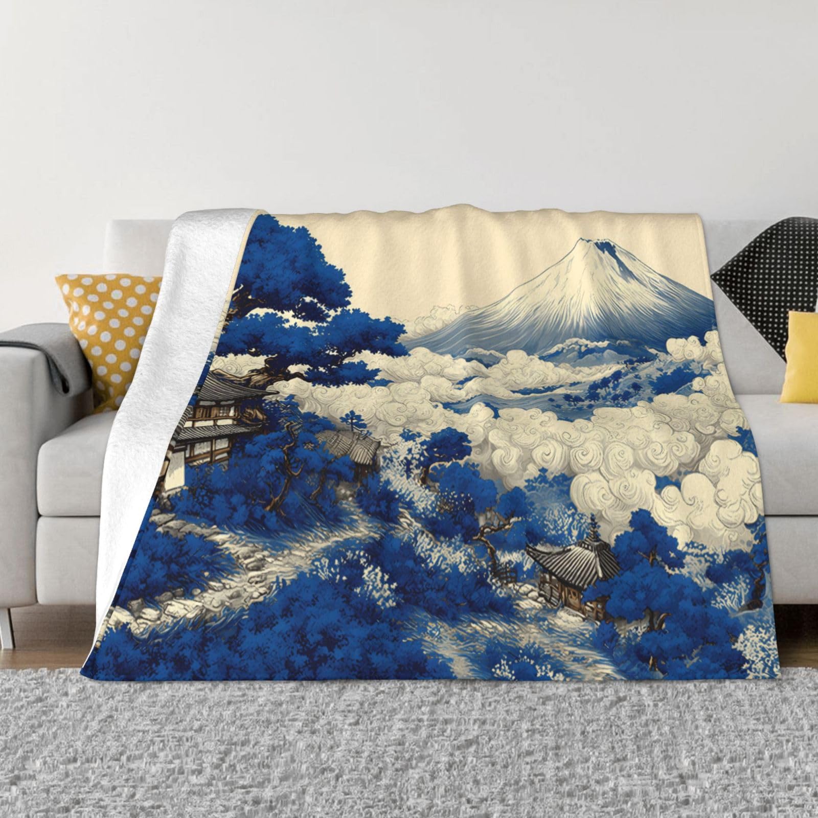Manta de viaje portátil de 80 x 60 pulgadas, suave, resistente a las arrugas, plegable, exquisito estampado de bosque azul