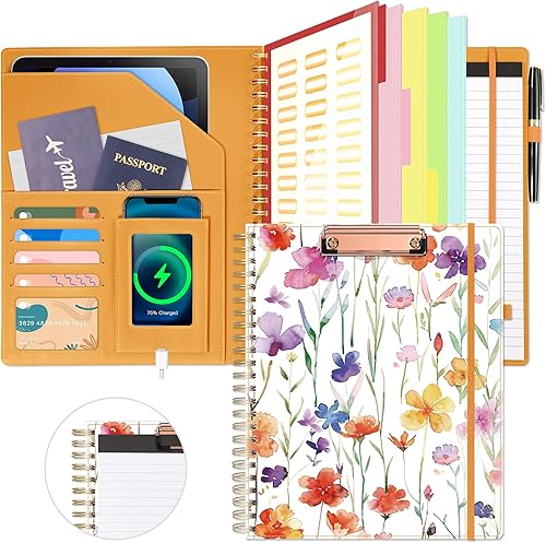 Vista 13 de Portapapeles con almacenamiento para hombres y mujeres, portafolio de cuero, 5 carpetas con 10 bolsillos, portapapeles en espiral con bloc de notas