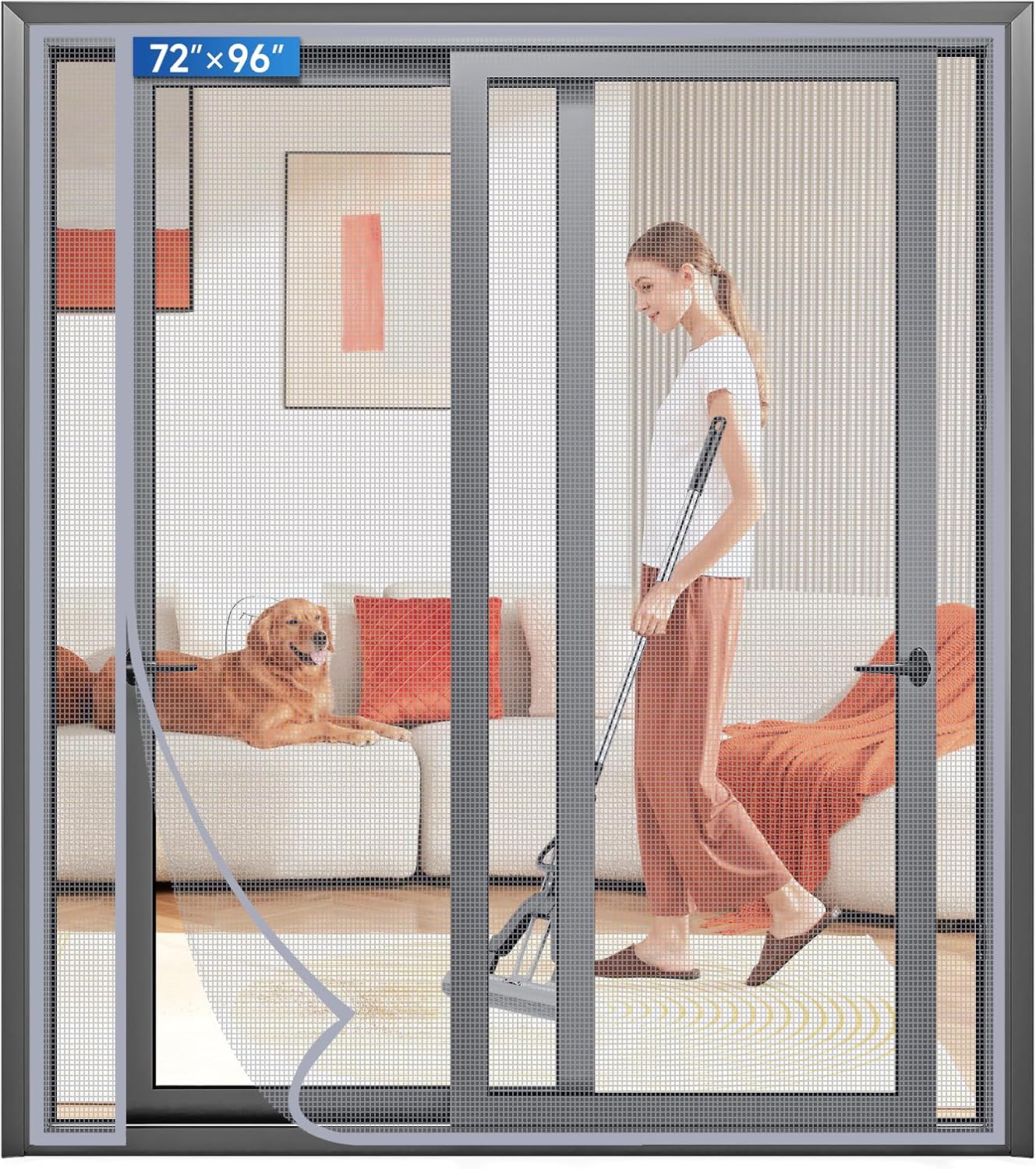 Magnetic Screen Door Left Right Side Opening Upgraded PET Mesh Greater Than Fiberglass and Polyester,Keep Bugs Out,Pet & Kid Friendly,Suitable for Sliding Doors,Patio French Doors-72" X 96"