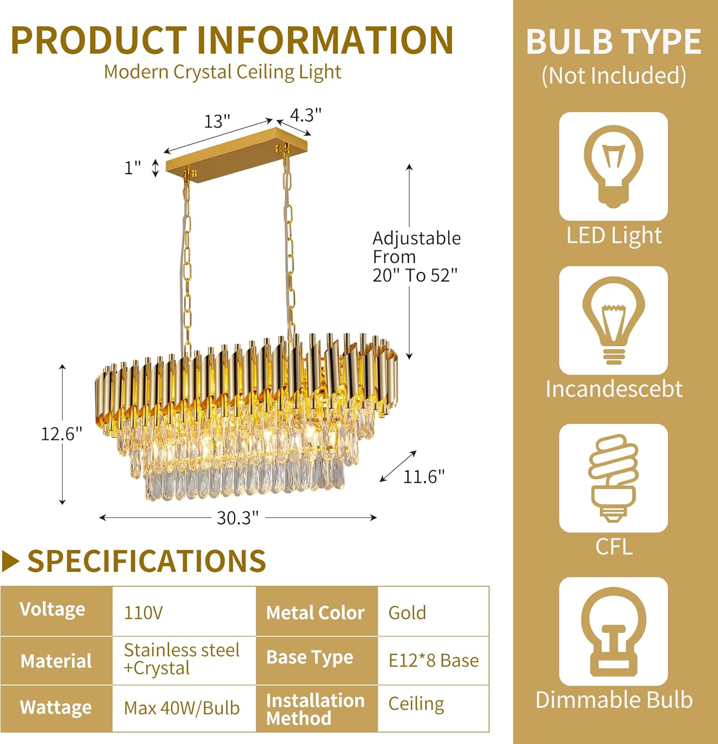 Gold Crystal Chandelier, Modern Oval Island Chandelier, Luxury K9 Crystal Kitchen Pendant Light L30.3 x H12.6 Glam 3-Tier Light Fixture for Dining Room, Living Room, Over Dining Table