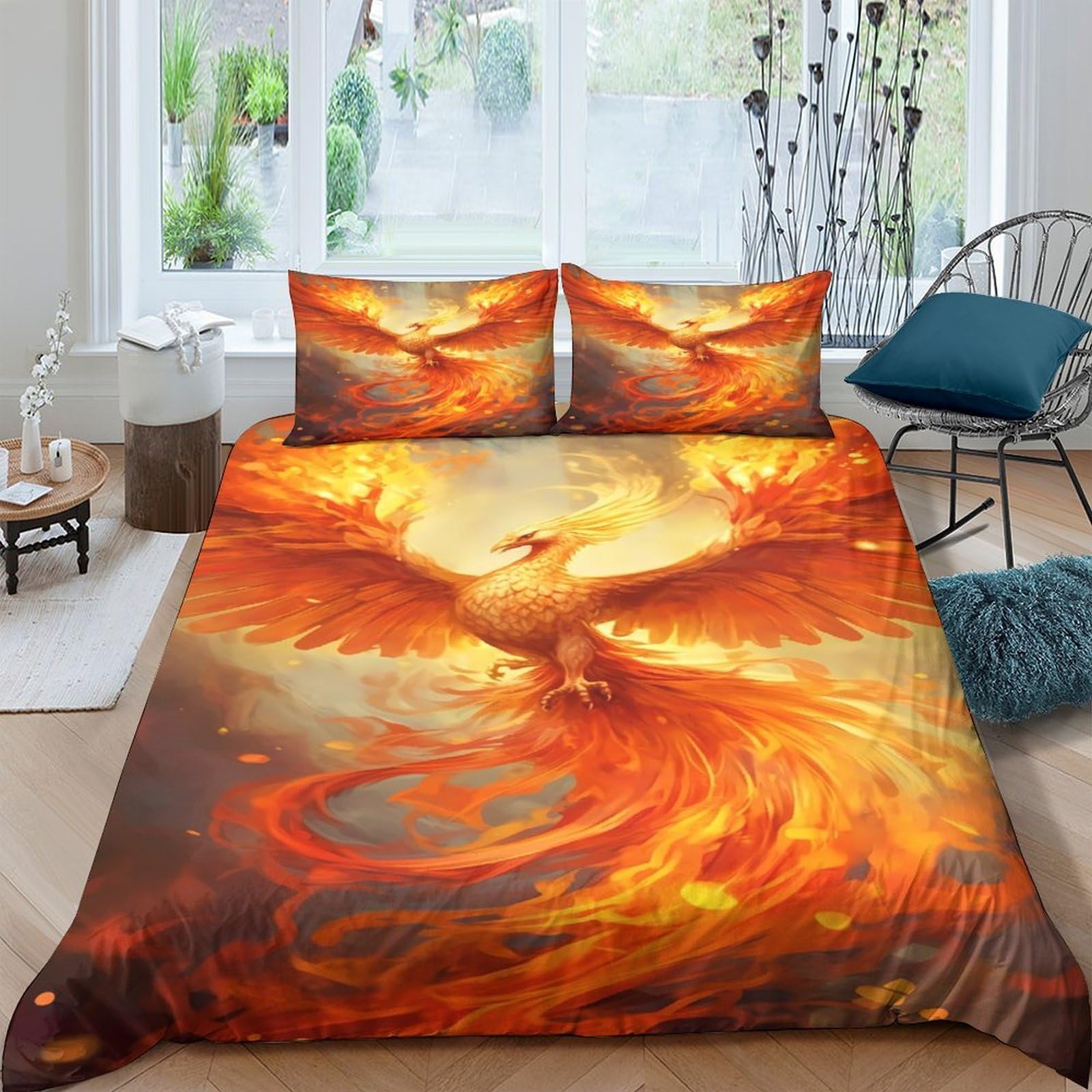Ctjqhvkz Style-2 3D Printed Phoenix Fire Fitted Sheet Microfiber Soft Breathable Flame Bird Mattress Cover For Bedroom Dorm Decor Single（135X200cm）