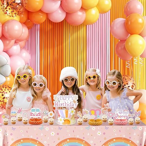 Miniatura 5 de Groovy - Kit de guirnalda de arco de globos de margaritas, decoración de fiesta de cumpleaños, fondo de flecos de papel de aluminio rosa, naranja,