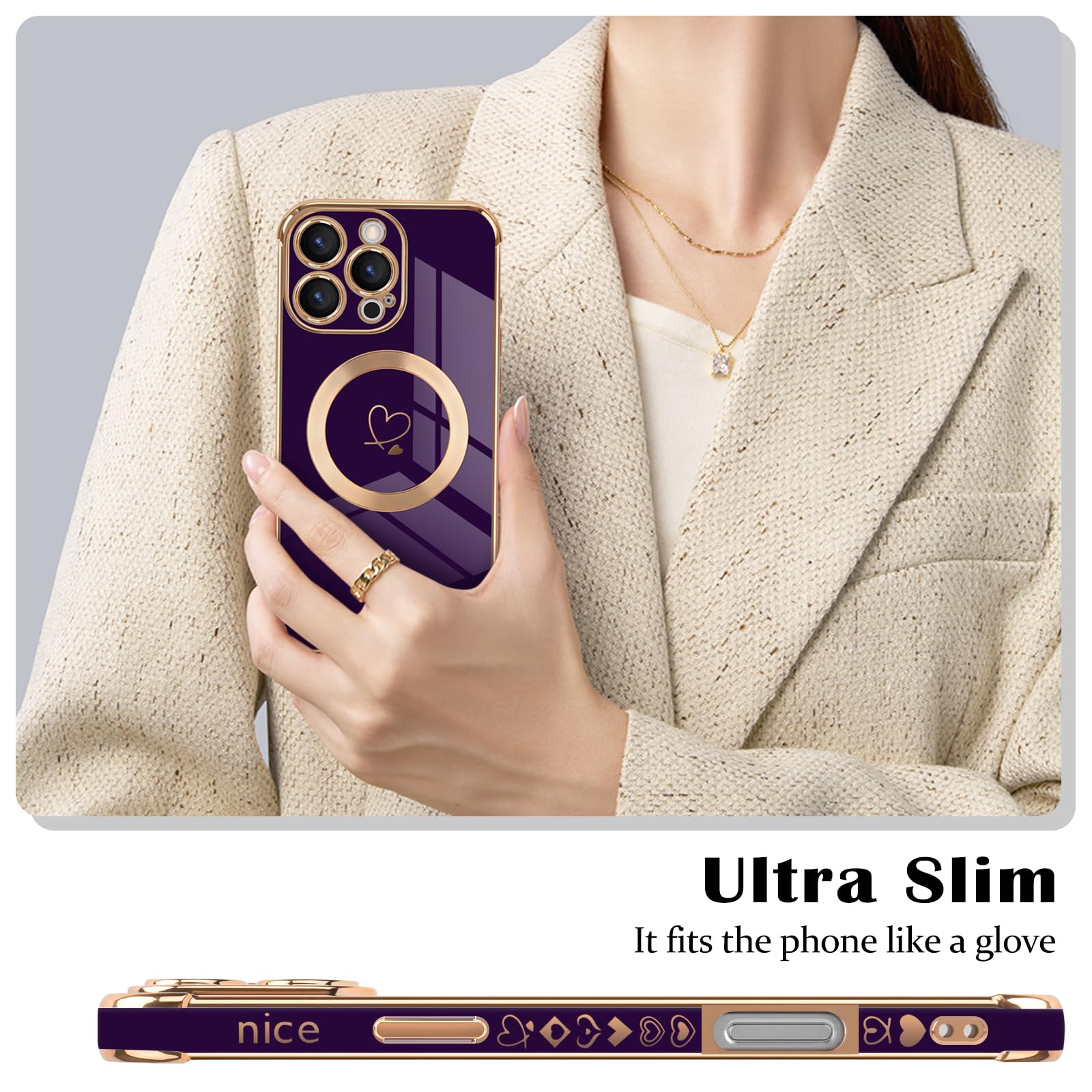 Newseego Custodia Magnetica per iPhone 16 Pro Max [Compatibile con Magsafe], Carino Cuore Ragazze Donne Morbido TPU Antiurto Fotocamera Copertura di Protezione per iPhone 16 Pro Max-Viola Scuro - Vista 2