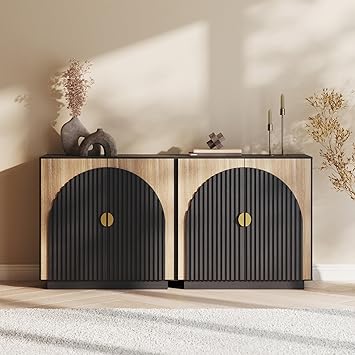 BELLEZE Set of 2 Modular Fluted Sideboard Buffet Cabinet with Storage, Mid-Century Modern Console Table with Symmetrical Arched Doors, Elegant Credenza for Dining Room, Kitchen, and Living Room, Camel