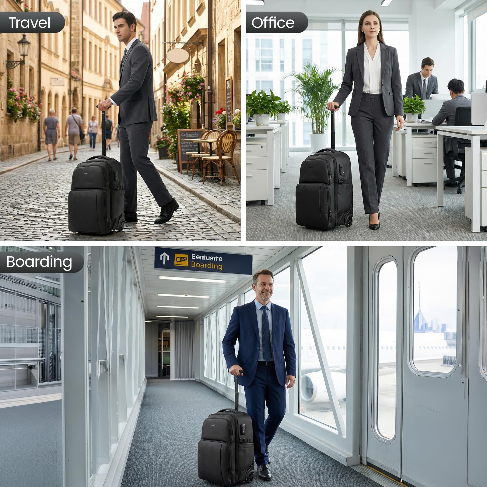Hivexagon Mochila de Viaje de 37 L con Ruedas, Gran Capacidad, con Cerradura de contraseña, Ruedas silenciosas y duraderas, Correas Ocultas para Viajes o Negocios