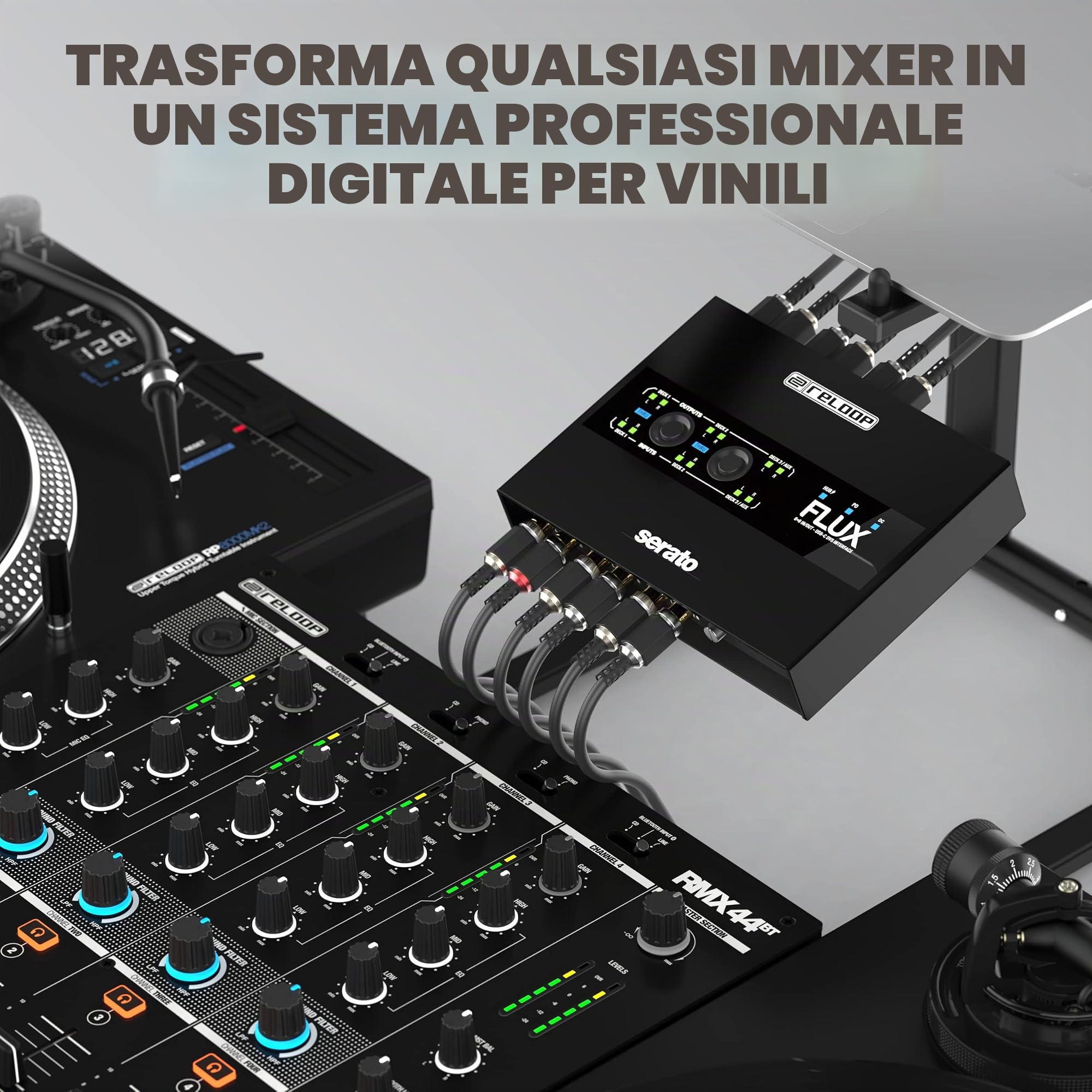 Reloop Flux - Interfaccia 6x6 IN/OUT USB-C DVS per Serato DJ Pro, 24-bit/96 kHz, compatibile con giradischi, CDJ o altri lettori multimediali, hub USB-A a 2 porte, robusto alloggiamento in metallo.