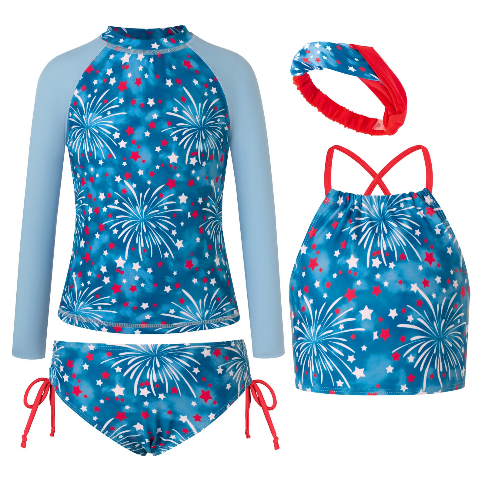 GRACE KARIN Girls Swimsuit Tankini Set Rash Guard Long Sleeve Swimsuit 4 Piece Bathing Suit Swimwear 5-14Y
