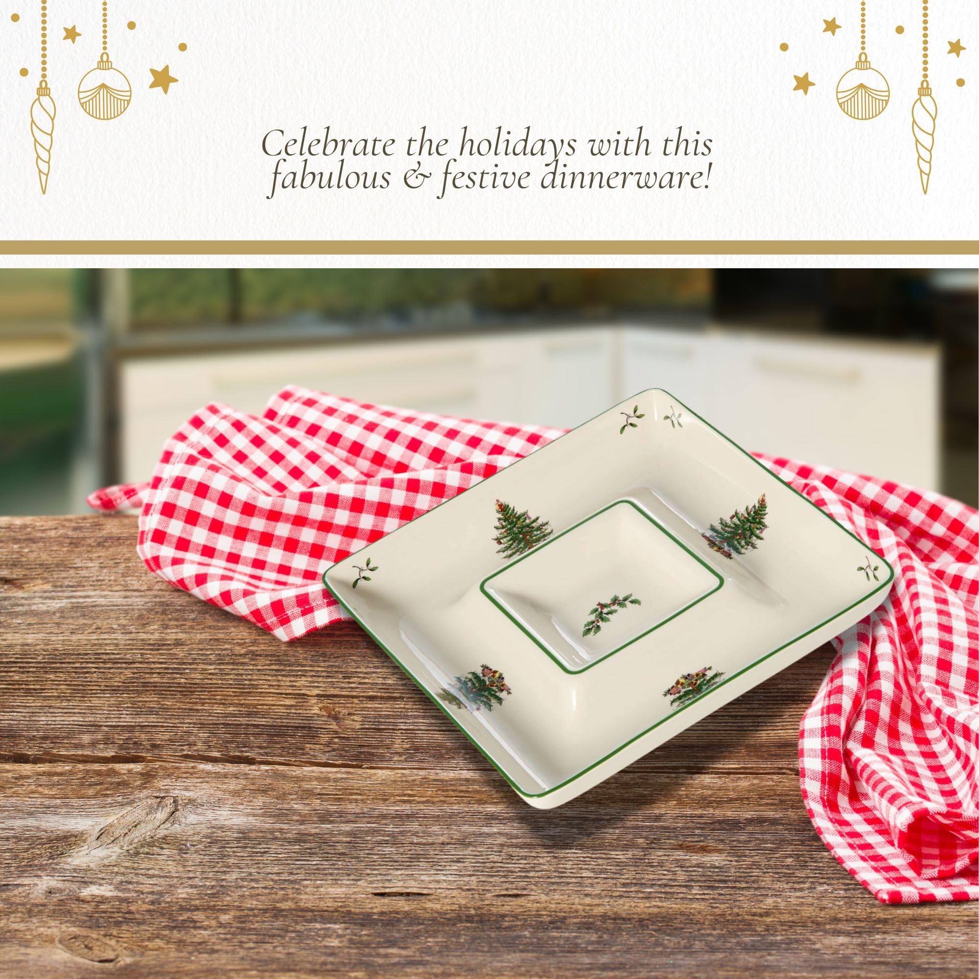 Spode Christmas Tree Chip & Dip Platter - 12-Inch Square Serving Set For Holidays - View #2