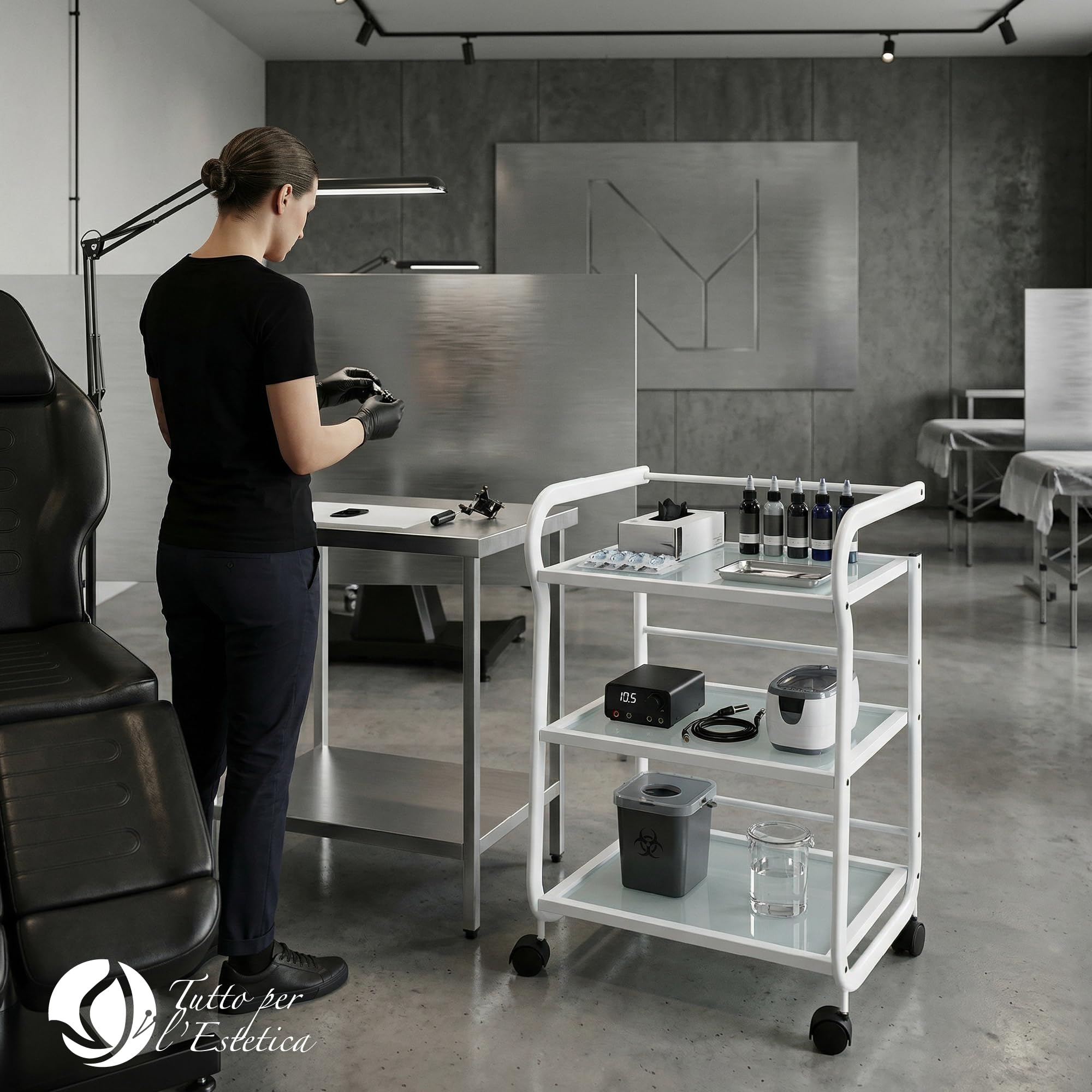 Carrello Estetista con Ruote - Mobiletto con Ruote, Leggero, Multiuso in Acciaio e 3 Ripiani in Vetro Traslucido - Carrello Portaoggetti per Estetica, Ceretta, Tattoo e Medico | Design Salvaspazio