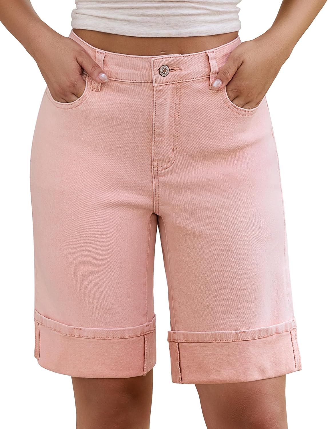 luvamia Jean Bermuda Shorts for Women High Waisted Knee Length Cuffed Long Stretchy Denim Shorts Loose Summer Jorts