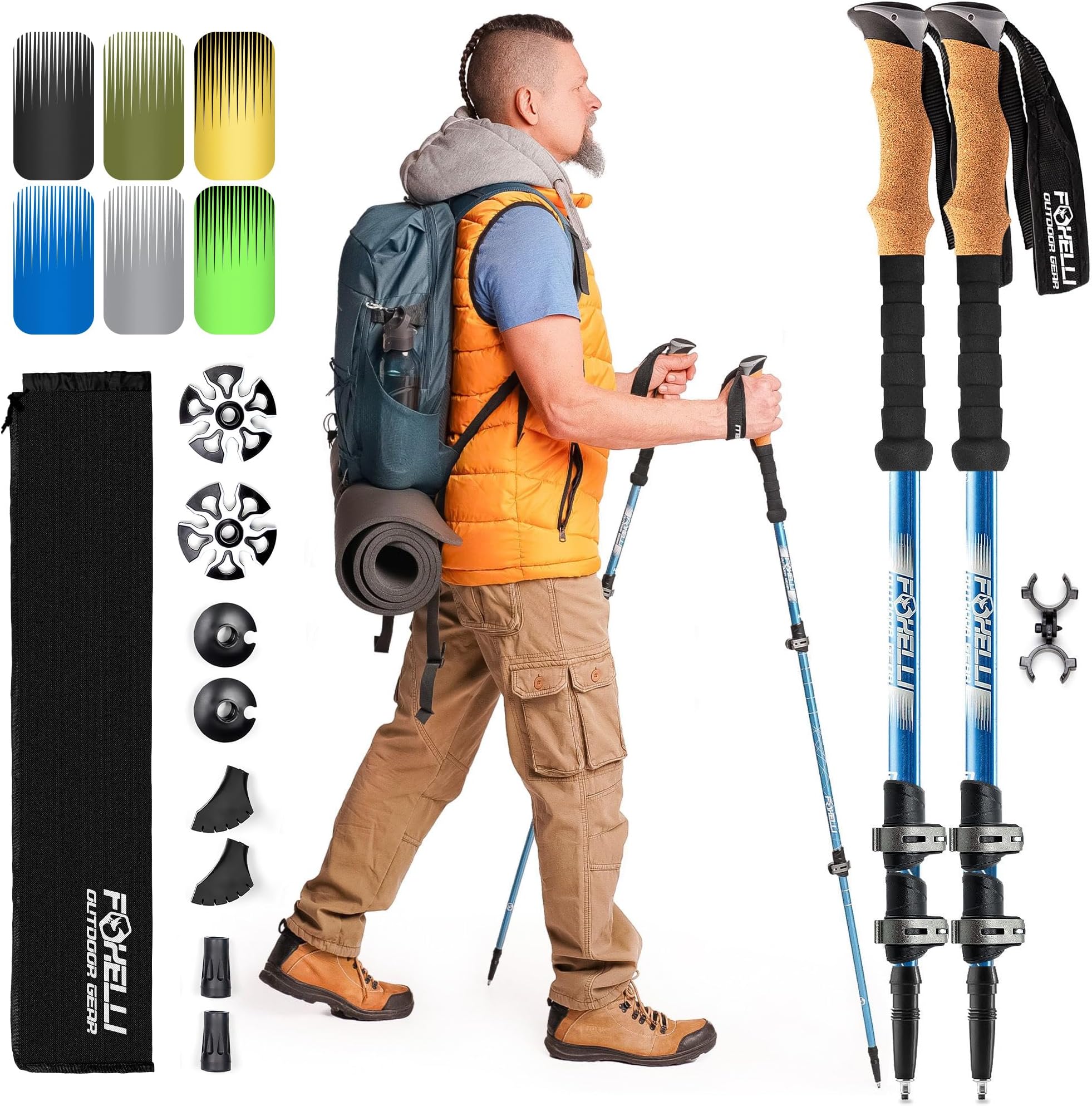Foxelli Aluminum Trekking Poles – Collapsible, Lightweight, Aluminum 7075 Hiking, Walking & Running Sticks with Natural Cork Grips, Quick Locks, 4 Season/All Terrain Accessories and Carry Bag
