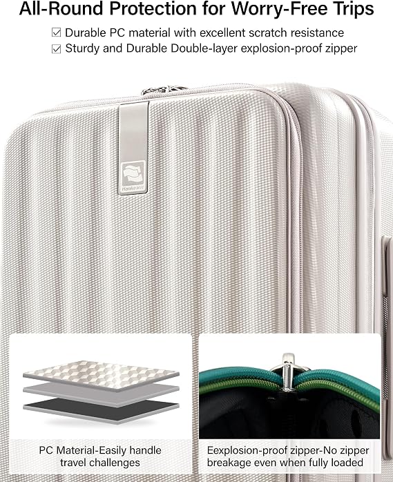 Hanke 20 Inch Expandable Carry On Luggage Airline Approved Top Opening Hard Shell Suitcases with Wheels Lightweight Travel Luggage Carry On Suitcase for Woman Men-Ivory White