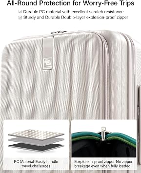 Hanke 20 Inch Expandable Carry On Luggage Airline Approved Top Opening Hard Shell Suitcases with Wheels Lightweight Travel Luggage Carry On Suitcase for Woman Men-Ivory White