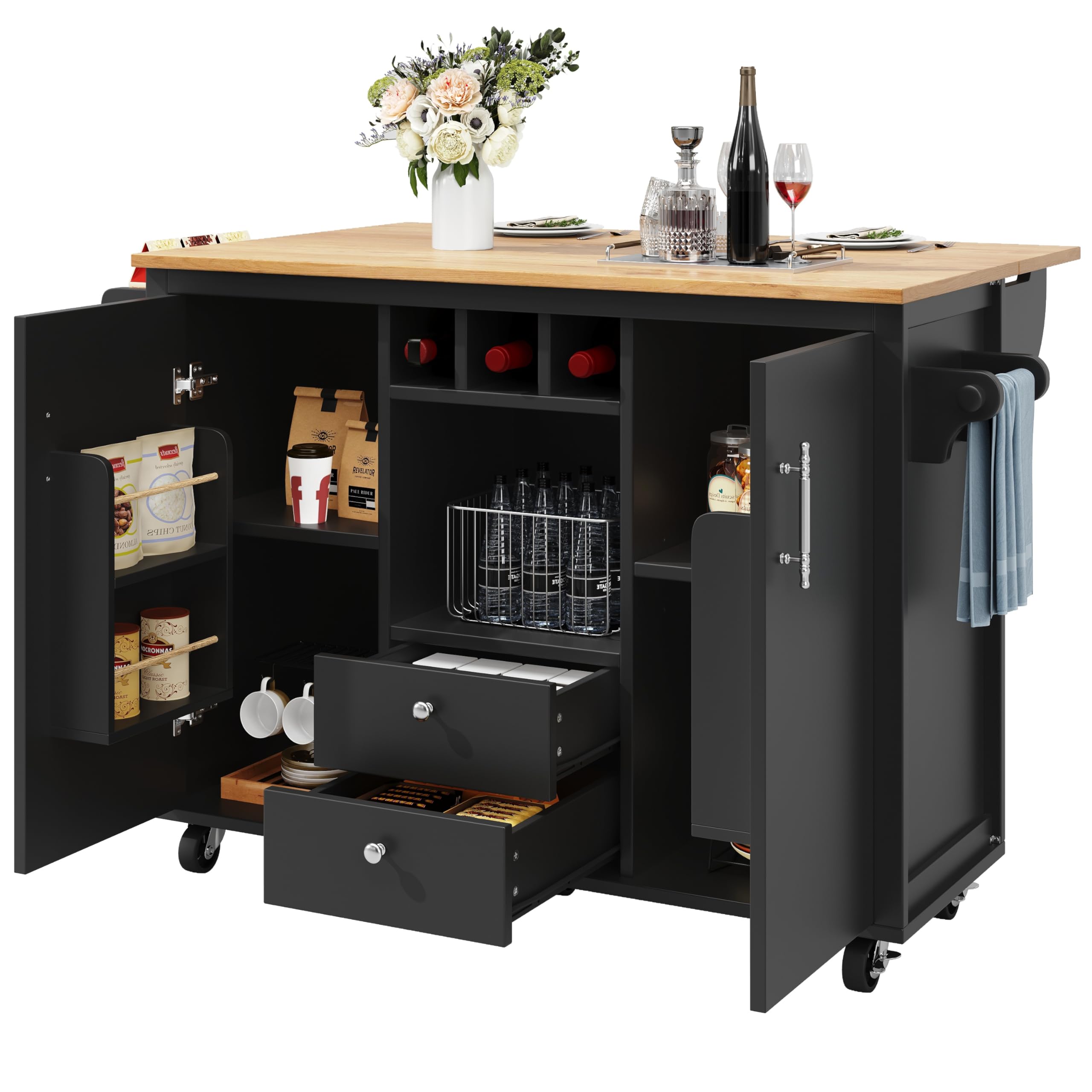 Elegante armadietto da cucina a buffet nero, 120 x 73 x 92 cm, versatile con piano di lavoro pieghevole, portabottiglie e organizer per spezie, ripiani regolabili e porta per un'efficienza ottimale