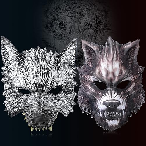 Miniatura 5 de HyDren Máscara de lobo de 2 piezas para Halloween, media cara, máscara de hombre lobo, máscara de animal para cosplay, disfraces, fiestas,