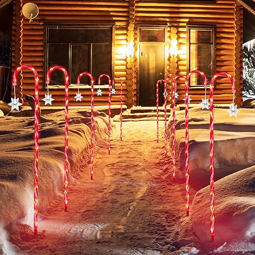 XMASLAND 10 luces LED de 33 pulgadas con 160 luces LED de bastón de caramelo de Navidad con estacas y copo de nieve, luces de marcador de camino de