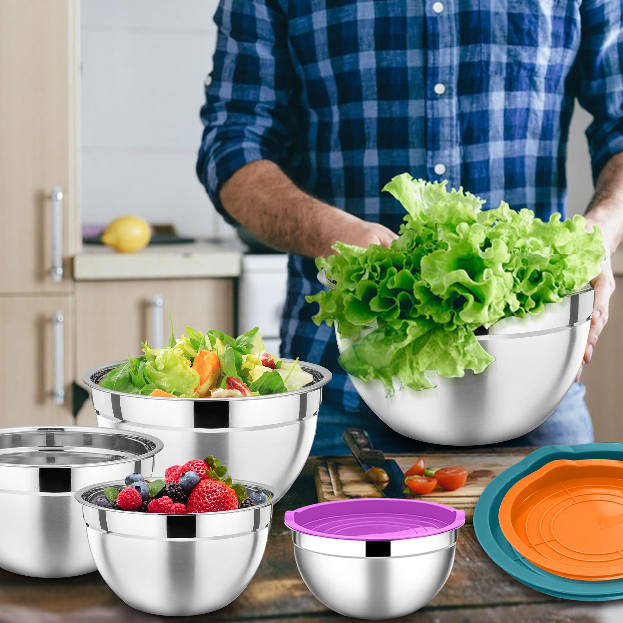 HaWare Juego de 7 cuencos para mezclar, de acero inoxidable, apilables, con tapa hermética para hornear, cocinar, preparar, apto para lavavajillas, 6,5, 4,5, 3, 2,5, 1,5, 1,2 y 0,7 l, multicolor