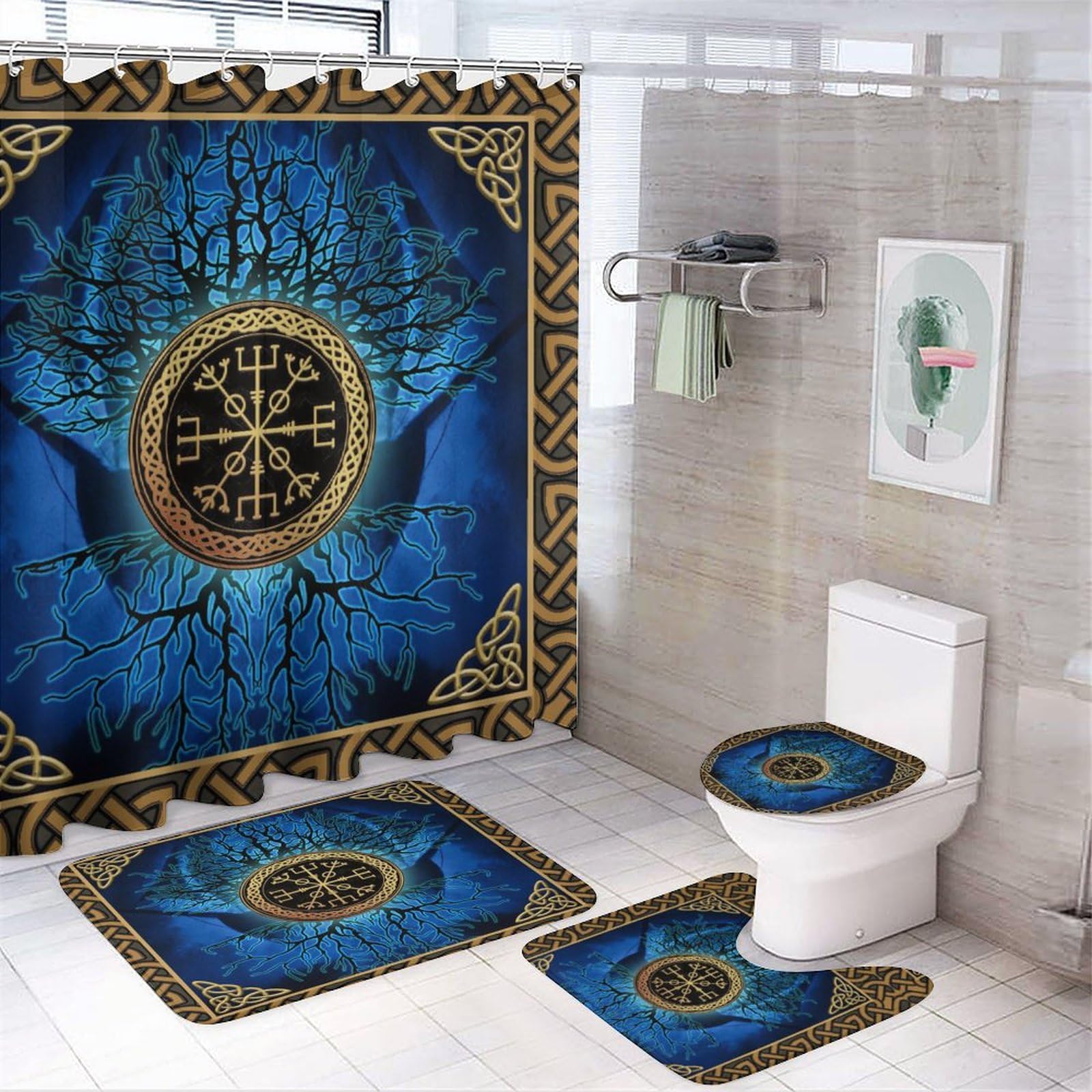Coalho Abstract Retro Vikings Creative Bathroom Shower Curtain Set Cool Norse Mythology Mystical Symbol Viking Non Slip Waterproof Bath Mat Toilet Mat Rugs,183X183cm