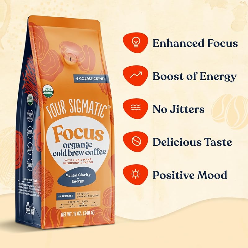 Four Sigmatic Organic Cold Brew Coffee Grounds | Dark Roast, Coarse Grounds with Lion's Mane and Chaga | Cold Brew Mushroom Coffee for Crash-Free Focus | 12 oz Bag Cold Brew w/ Lion's Mane & Yacon Dark Roast