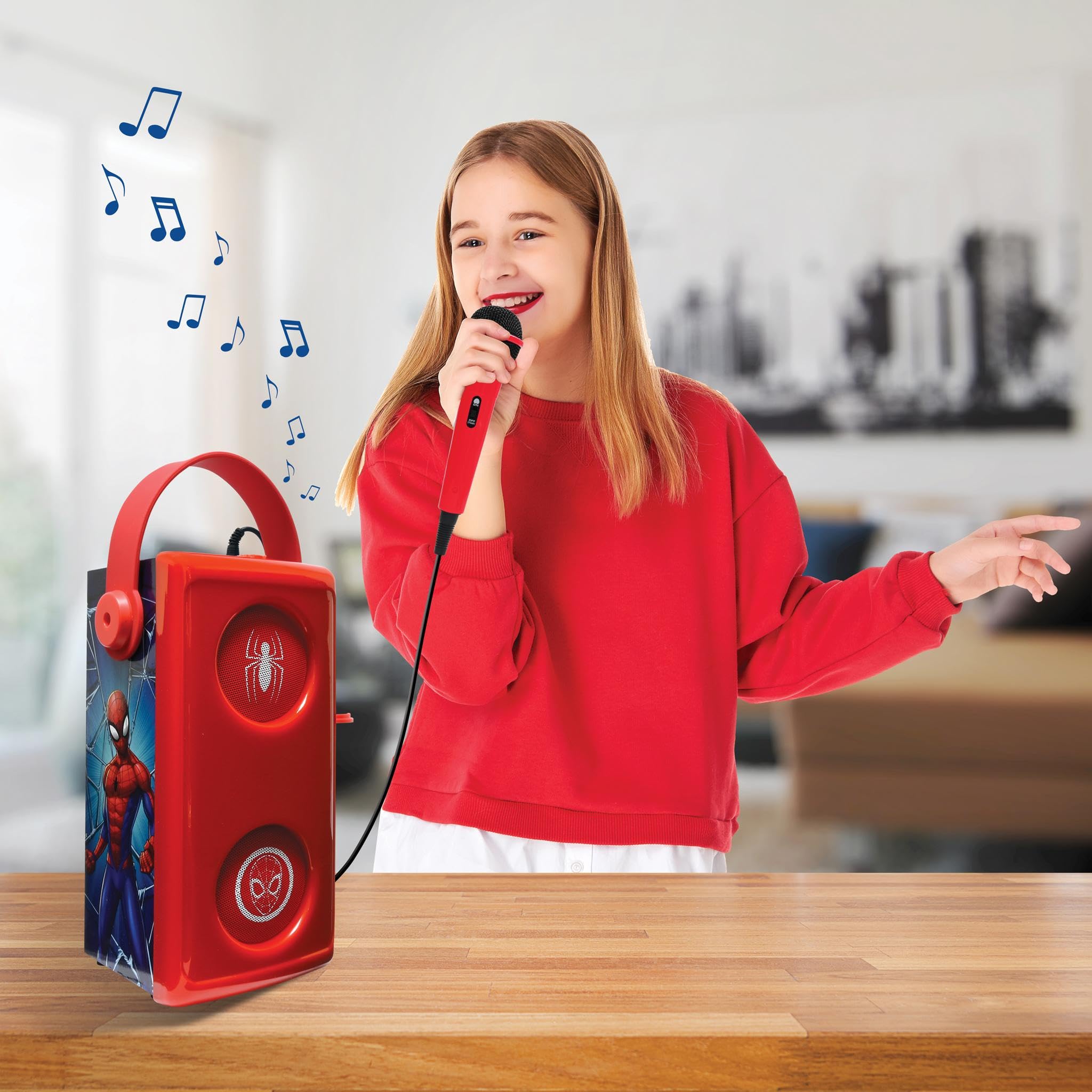LEXIBOOK, Spider-Man, Altavoz Bluetooth con Mic Rojo, BTP185SPZLXB | Efectos de luz, ranura para tarjeta SD/TF, batería recargable