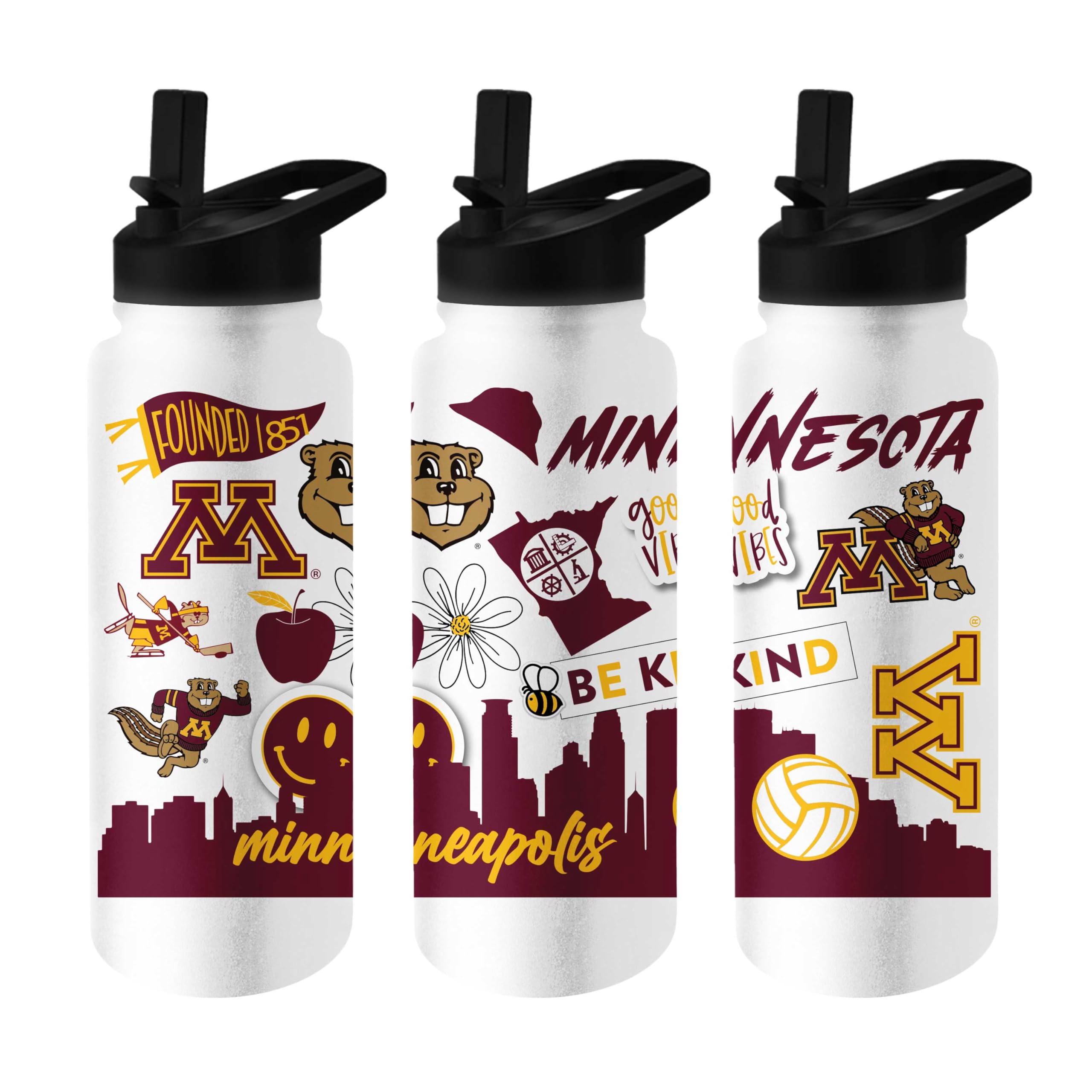 Logo Brands NCAA Native 34 oz Quencher Water Bottle - | Local Icons Design | Double-Wall Insulated| Leak-Proof Lid &amp; Built-In Straw