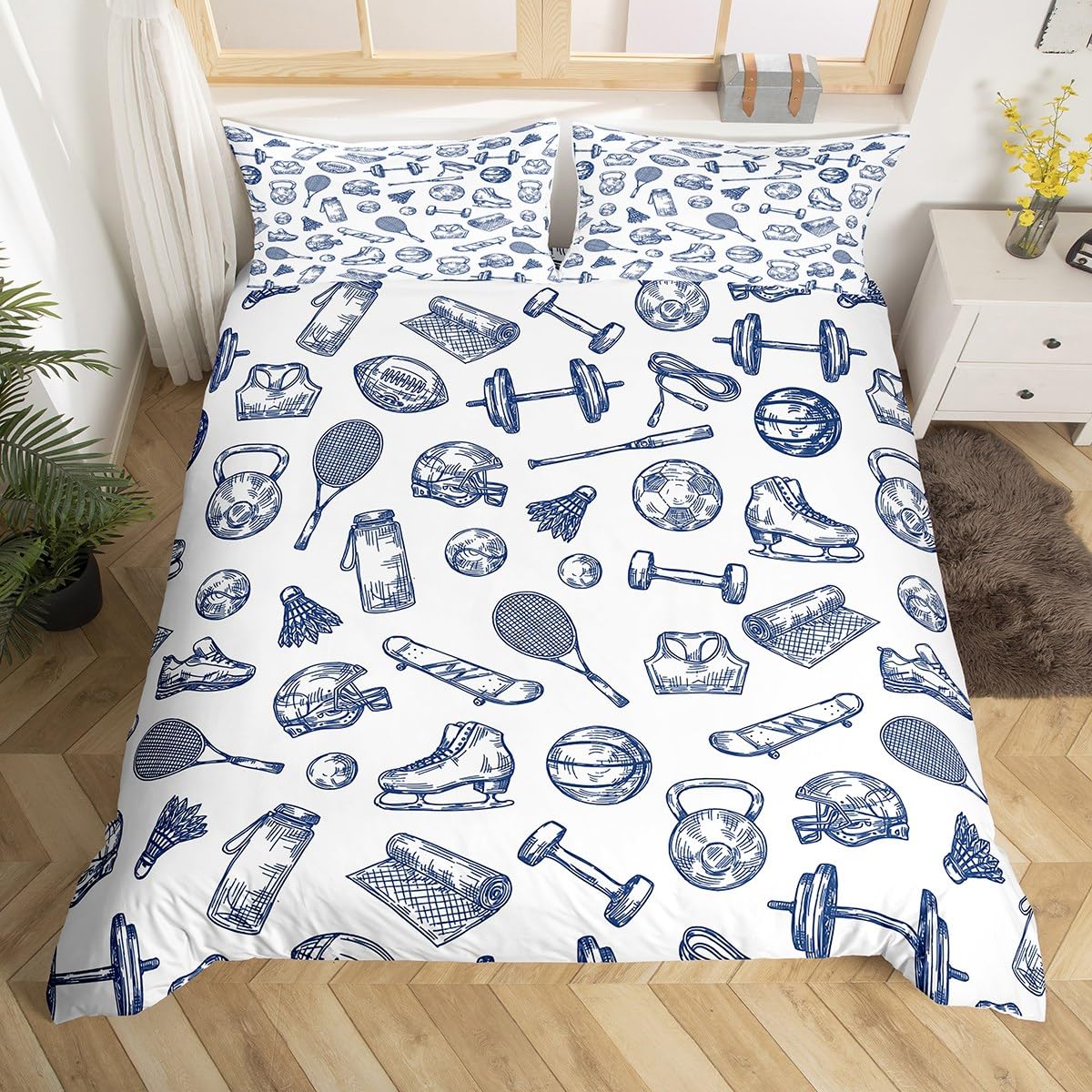 Homemissing Basketball Duvet Cover Boys Girls Volleyball Bedding Set For Kids Football Gaming Comforter Cover Set Sports Game Blue and White Bedspread Cover Room Decor Bedclothes Zipper Super King