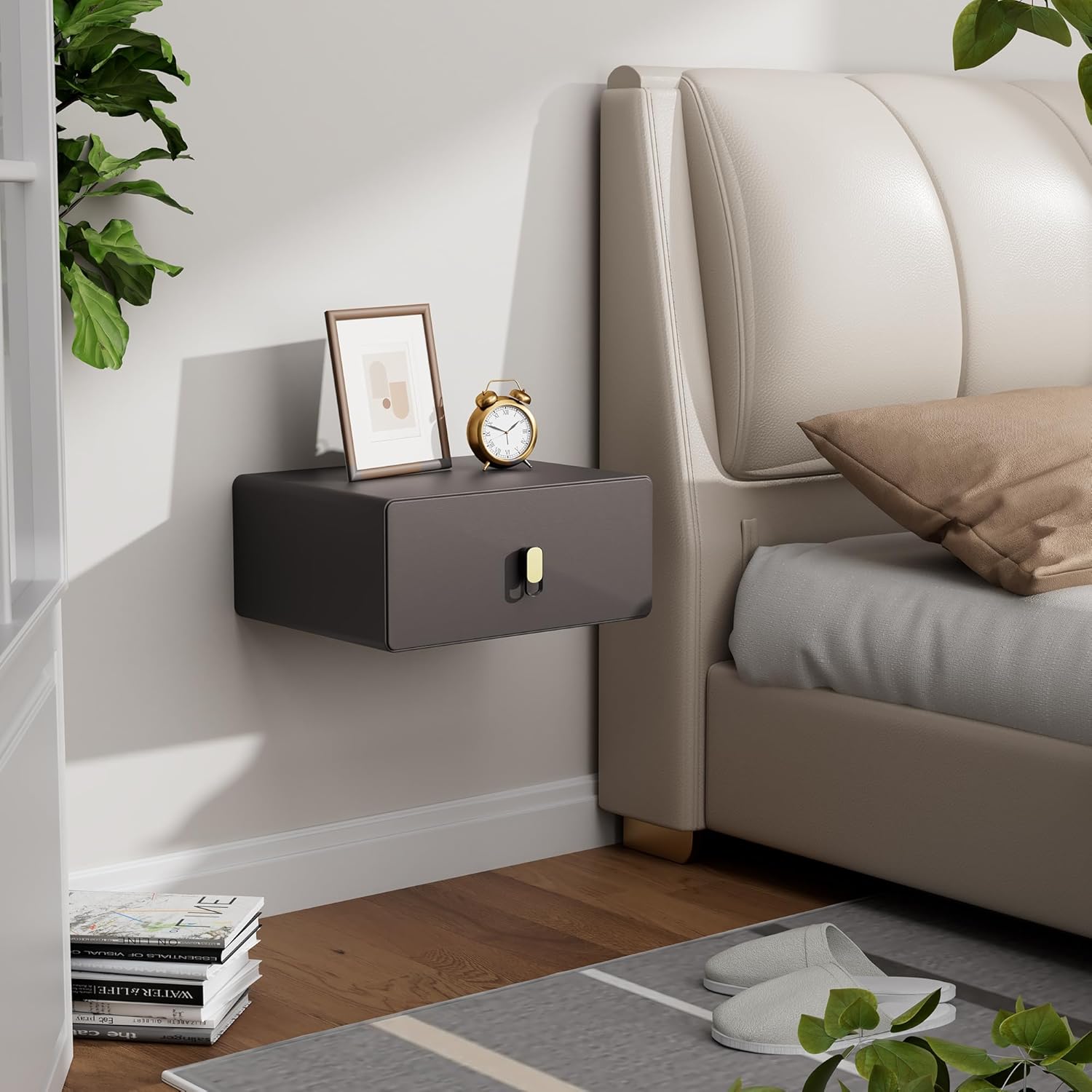 VICITON Modern Floating Nightstand with Solid Wood Drawer, Wall Mounted Bedside Table for Bedroom (Dark Coffee, Small)
