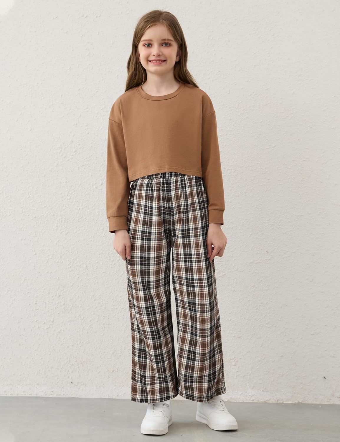Girls Clothes Solid Long Sleeve Tops Plaid Wide Leg Pants with Pockets Girls Outfits Size 6-14 6-7 Years Brown image 2 of 8 B0D6KJQ3BQ