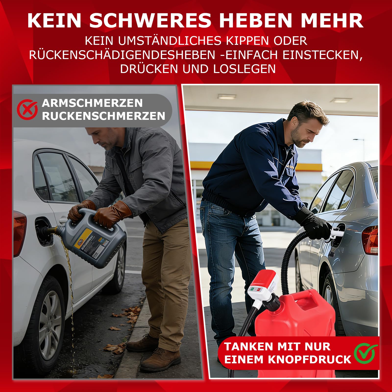 innhom Kraftstoffpumpe Elektrisch, Effiziente und sichere Benzinpumpe Für Kanister Kanisterpumpe mit Überlaufschutzsensor - mit 4 Größenadaptern Schlauch 2.8 GPM für Traktor Generator (Rot)