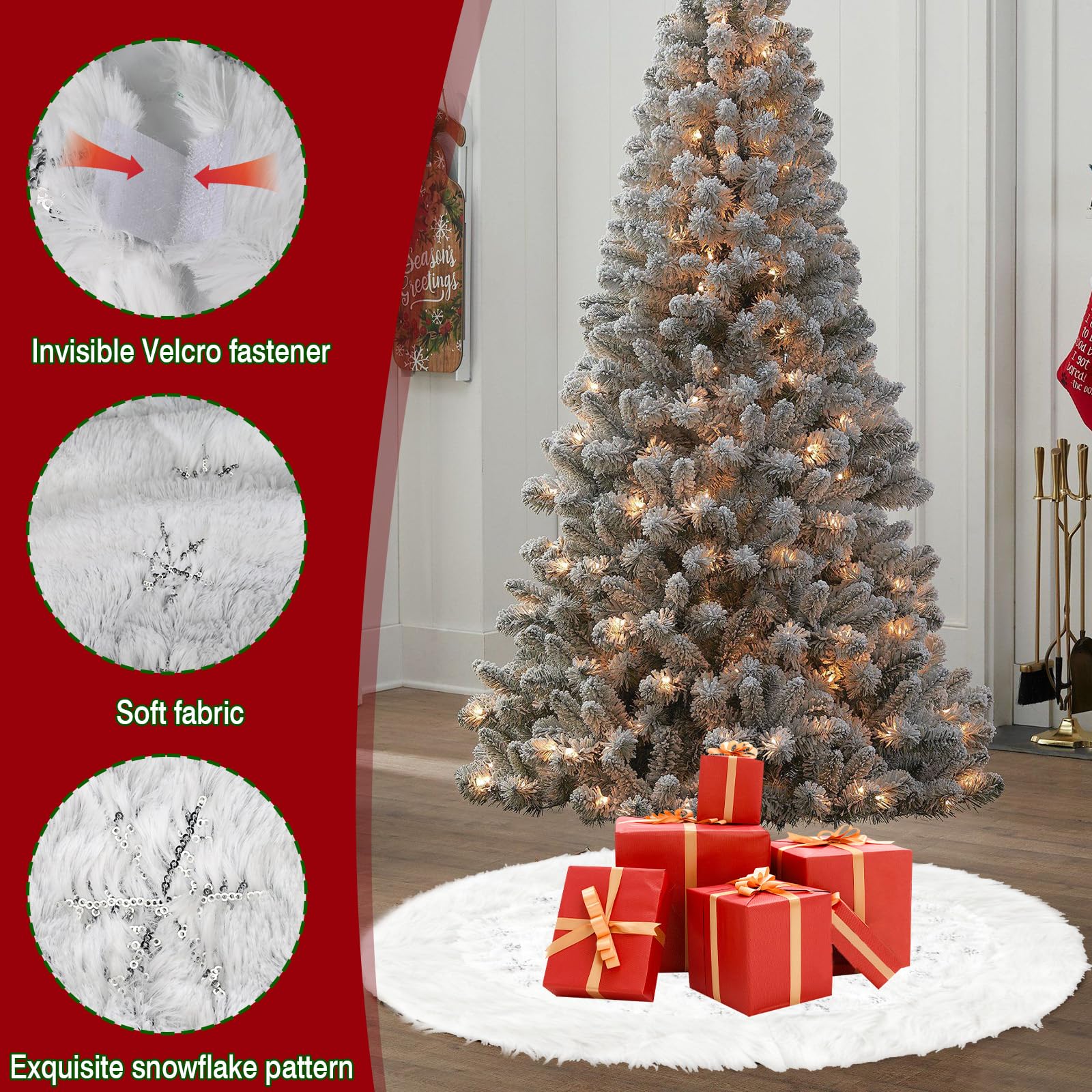 Falda de Arbol de Navidad 93cm, Alfombra de Arbol de Navidad Blanca, Christmas Tree Skirt, con Patrón de Copos de Nieve