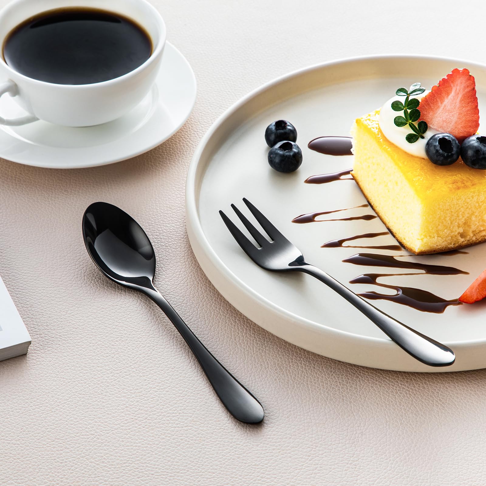 vancasso Besteck Set Schwarz 12 Personen, Besteck Set Glänzend, 18/10 Edelstahl Besteckset mit 60-Teilig Messer/Gabel/Löffel/Dessertlöffel/Dessertgabel, Schwarzes Besteck mit Geschenkbox