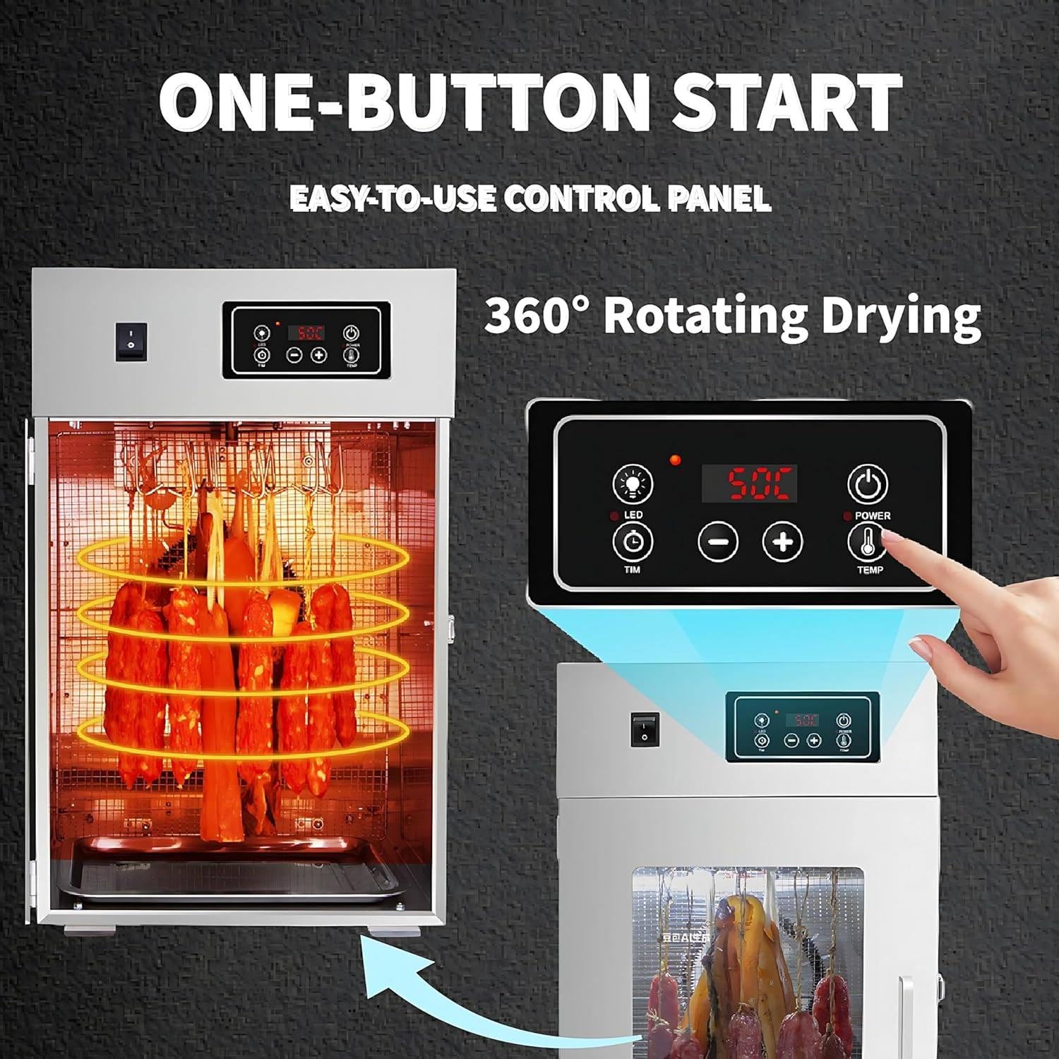 Deshidratador De Alimentos Giratorio De 360° Con Control De Temperatura 30-90 ℃, Caja De Acero Inoxidable Con Ganchos 14/30, Panel De Control LED, Capacidad De Secado 15/30 Kg 15kg/time-Standard