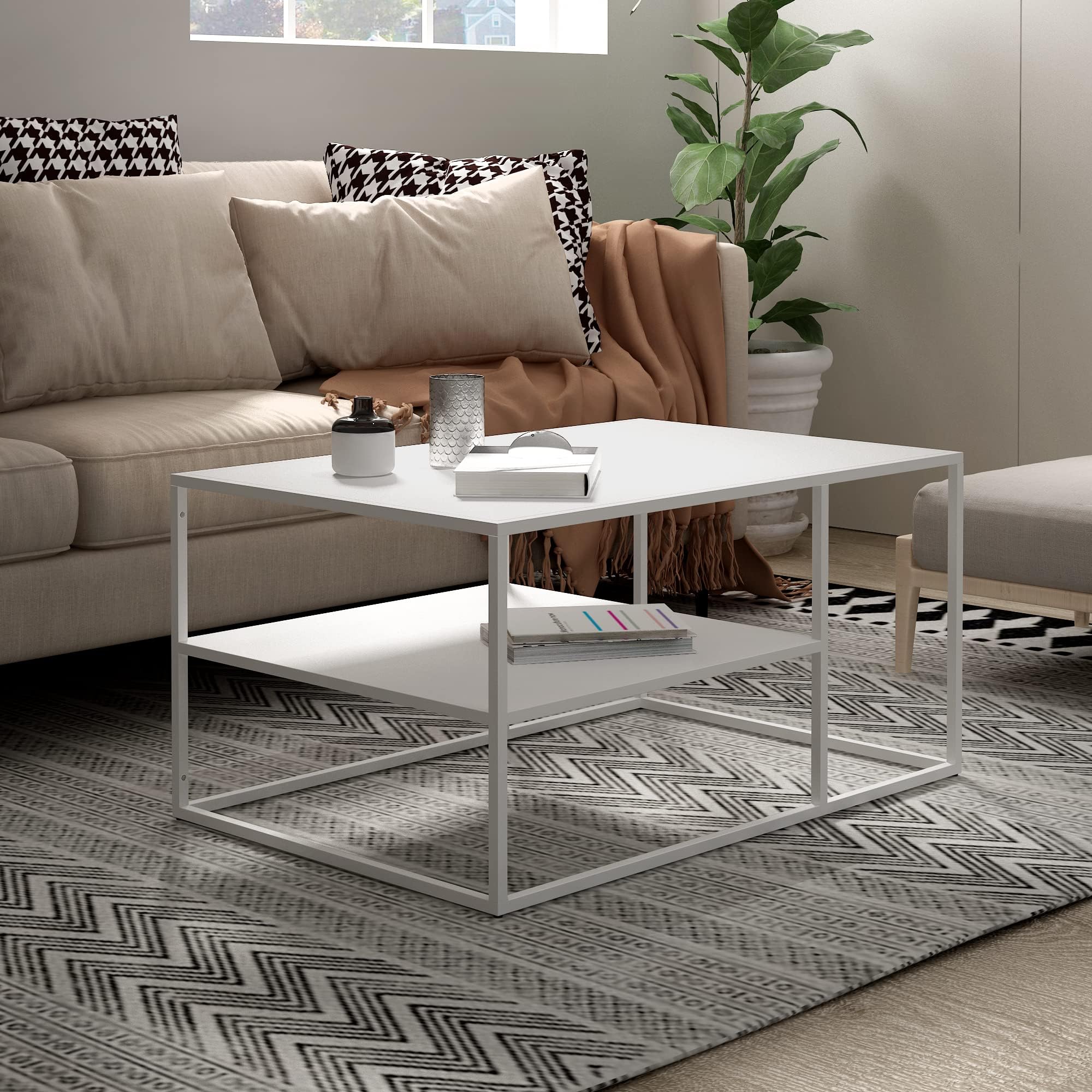 en.casa Solund Couchtisch – Beistelltisch aus Stahl, Weiß, 90 x 60 x 45 cm, mit Stauraum