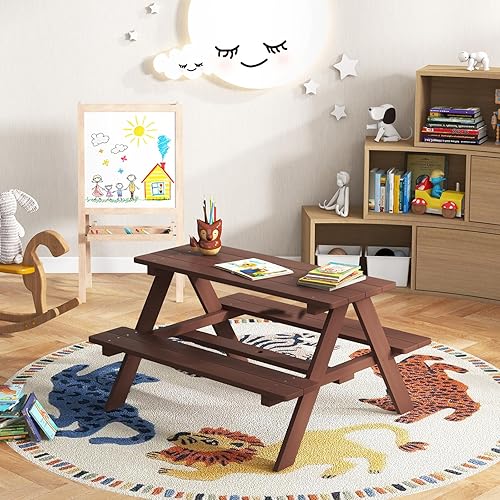 Miniatura 9 de Olakids Mesa de picnic para niños, juego de mesa y silla de madera para niños pequeños con paraguas extraíble, juego de muebles de actividades para