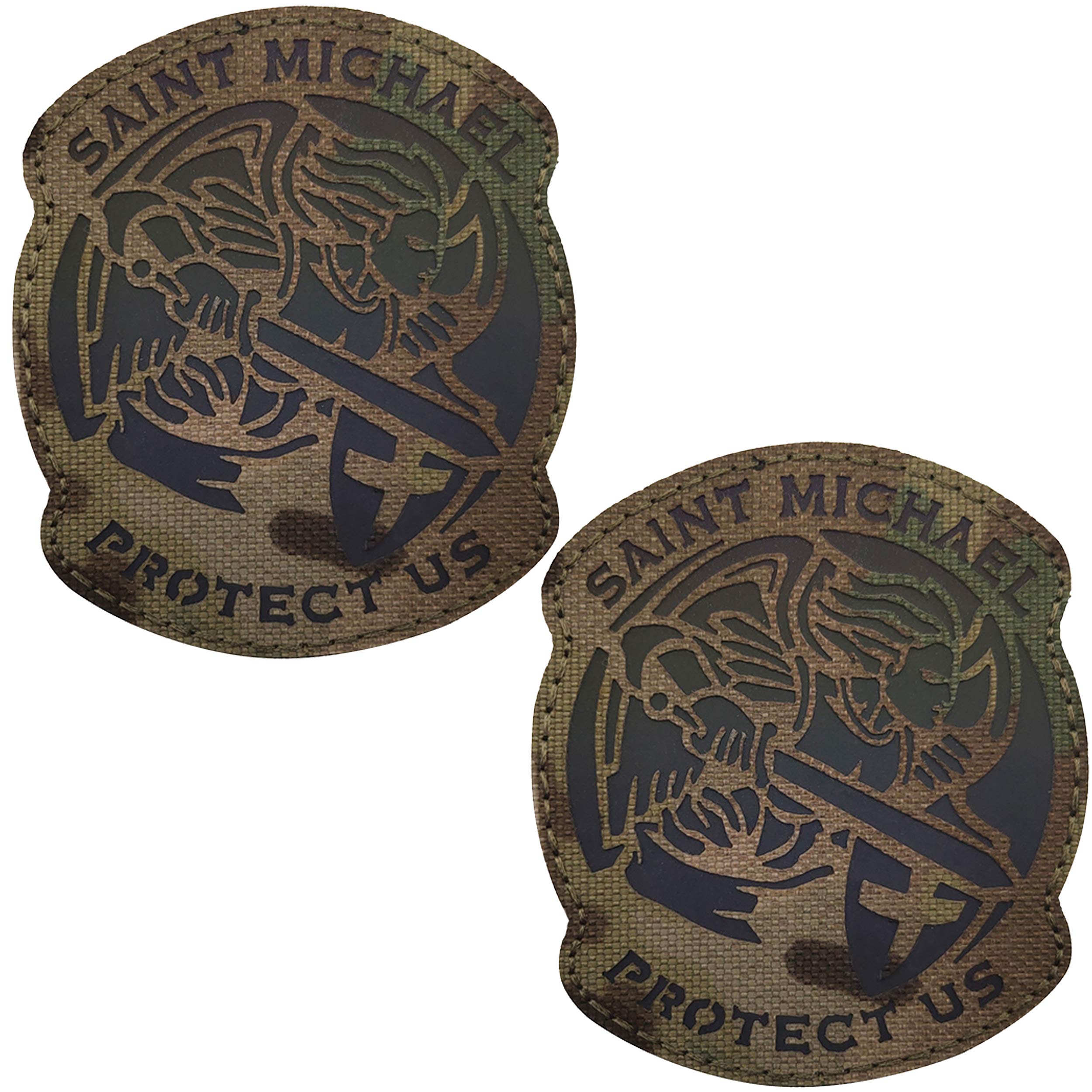 2 Pack Infrared IR Reflective St.Saint Michael Protect Us Patch, Tactical Military Morale Emblem Badge Decorative Applique with Hook and Loop Fastener Backing, 2.95 x 2.56 Inch