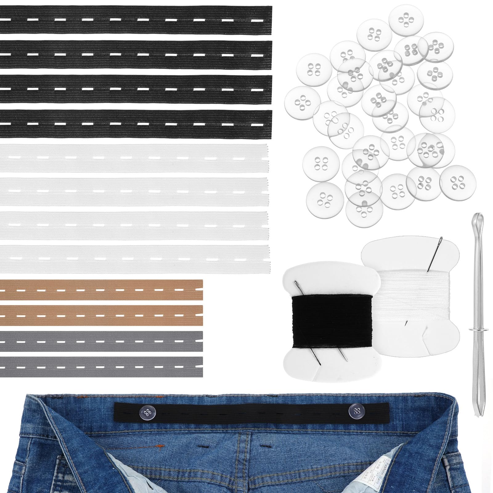 Ouligay 12 PCS Adjustable Elastic Pants Waist Tightener Kids Jean Waist Extender for Trousers Pants Button Tightener with 30 Buttons, 2 Sewing Kit &1 Thread Hook 4 Colors