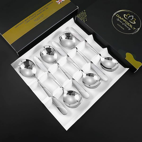 DAFFODILY Luxury Cutlery Set, 18/10 Stainless Steel, Mirror Finish Kitchen Cutlery Sets, Dishwasher Safe, Ideal for New Home Gifts (Soup Spoon-Silver-6PC) - 1