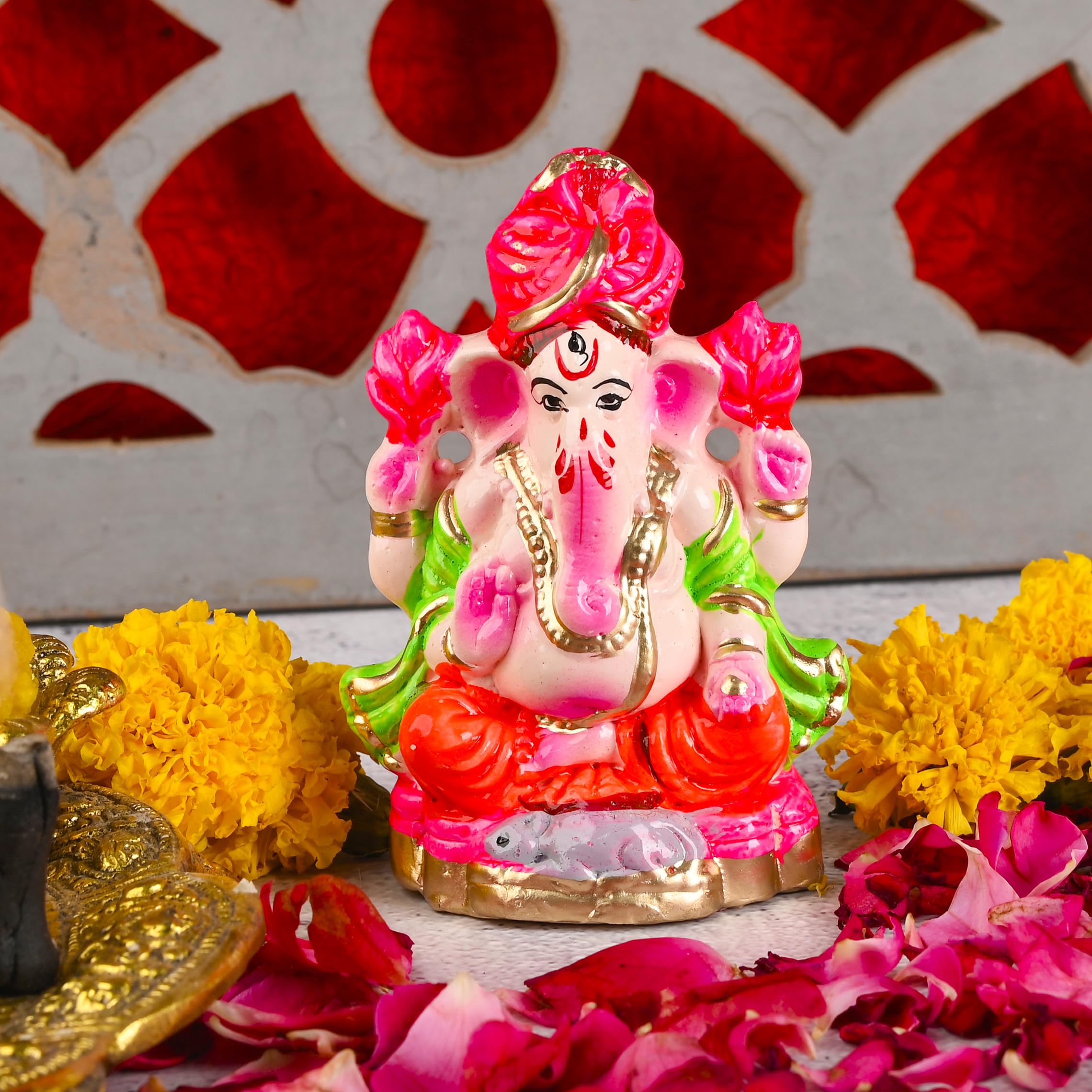 SAUDEEP INDIA Mitti Ganesh Idol | Eco-Friendly Mud/Clay 4 Bhuja Colorful Ganesh Murti | Ganpati Figurine for Visarjan | Biodegradable Ganesha Statue | Ganesh Chaturthi(4x3 Inches) (Export Quality)