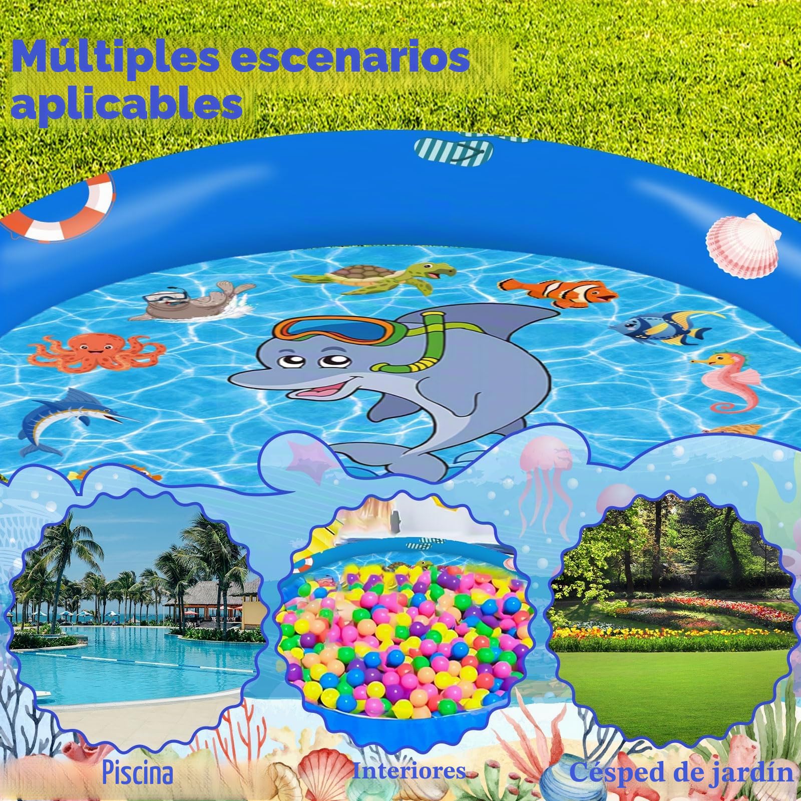 Splash Pad, 170cm Aspersor para Niños, Patrón De Animales Marinos Juegos Exterior Niños, PVC Juegos Piscina Aspersor para Niños Apto para Niños Y Mascotas De 3 A 6 Años