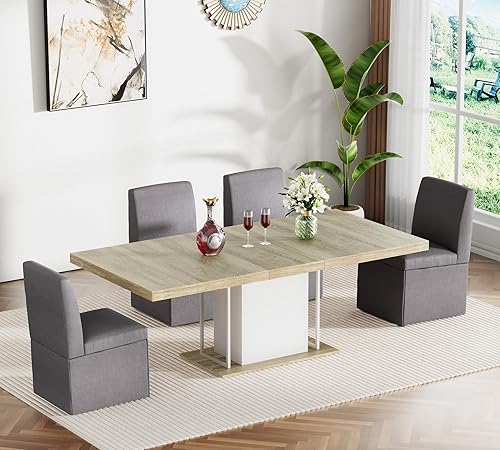 Miniatura 14 de Juego de mesa de comedor extensible para mesa de cocina extensible de 4, 5 piezas y 4 sillas de almacenamiento ocultas de lino tapizadas de madera
