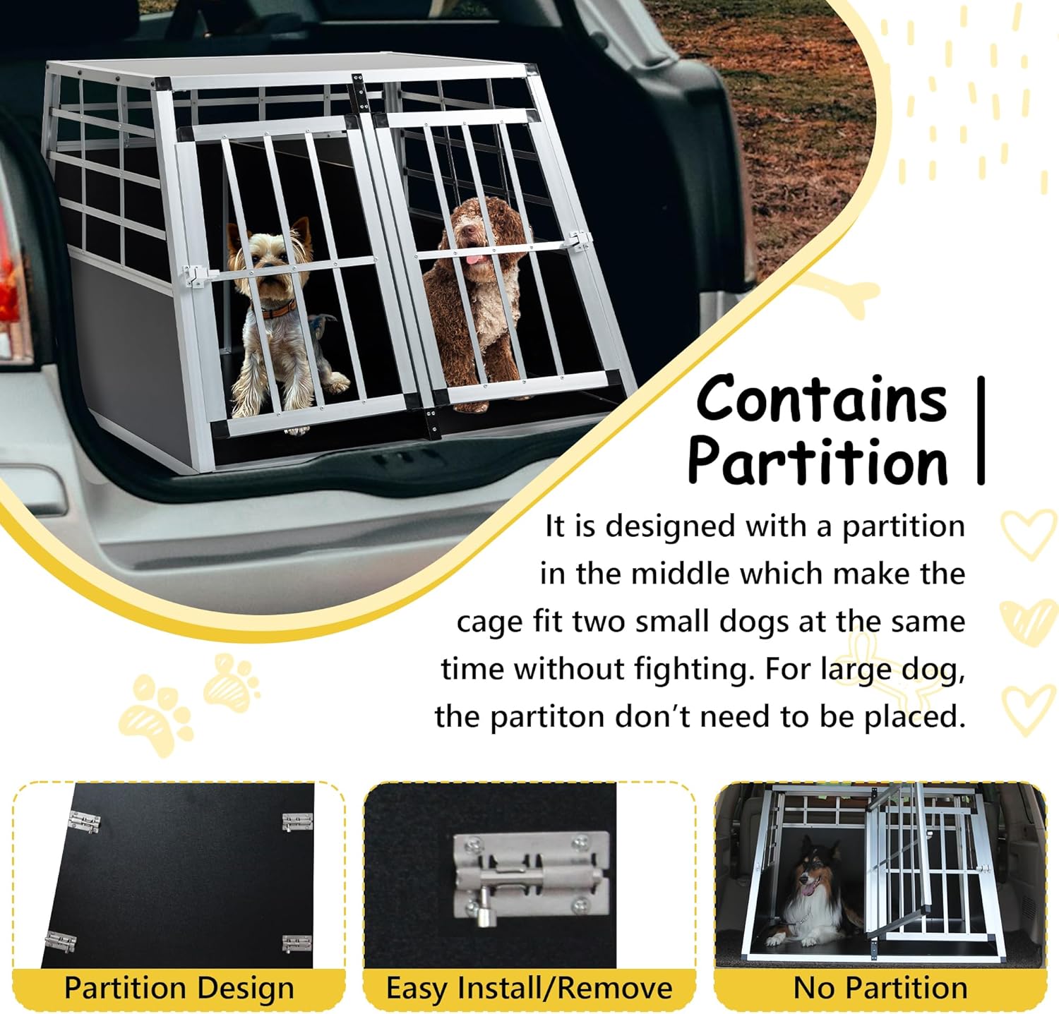 Aluminium Pet Car Transport Cage, Puppy Travel Crate Box Trapezoidal Kennel Dog Cat Carrier Cage with Double Doors