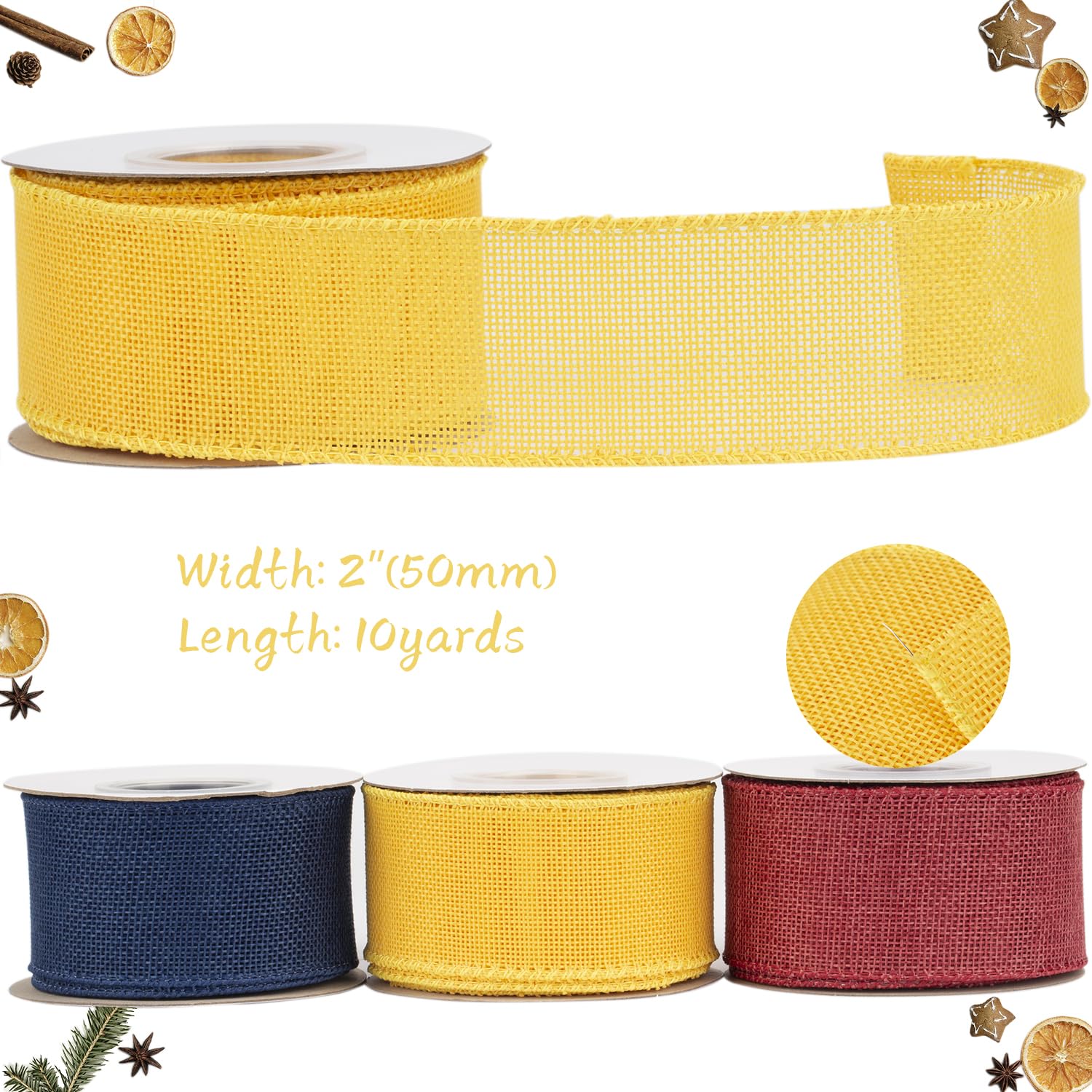 Tekdeere Burlap Ribbon 50mm x 9 Meters, Yellow Wired Ribbon for Crafts, Gift Wrapping, Wreaths, Bows, Tree Decoration and Outdoor Decoration - Image 2