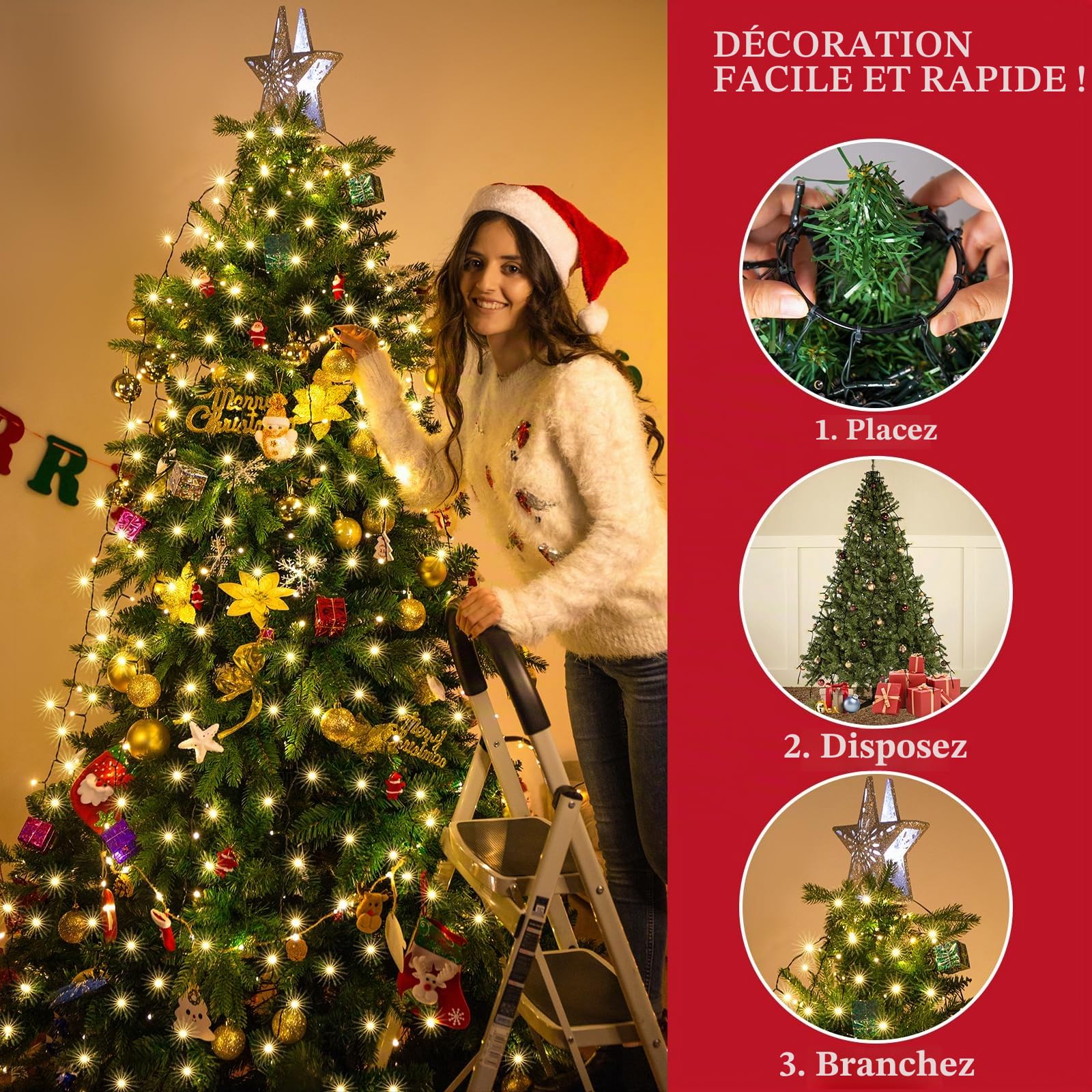 400LEDs 10 x 2m Guirlande Lumineuse Sapin de Noel Avec Diamant, Guirlande Lumineuse Sapin Noël 8 Modes d'Eclairage Etanche IP44, Guirlande Sapin Lumineuse Pour Fête, Sapin Noel-Blanc Chaud